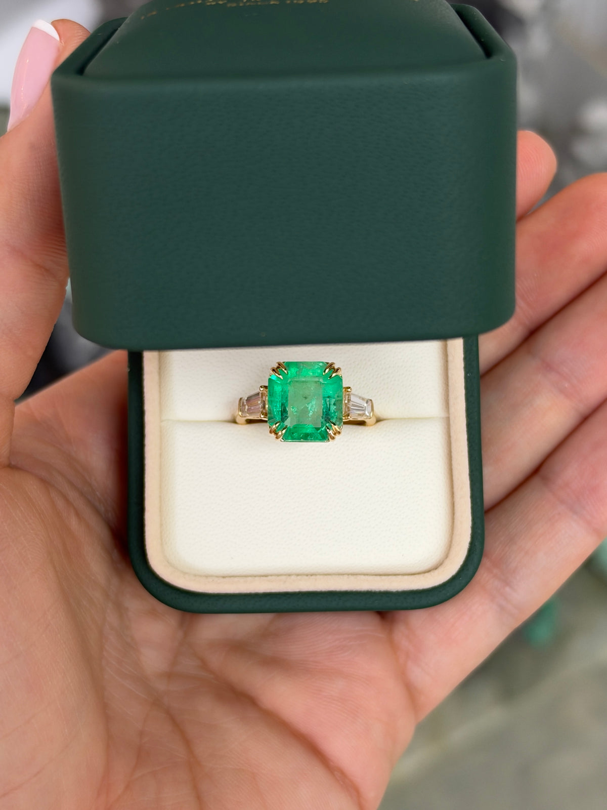 4.88tcw 18K Double Claw Asscher Cut Colombian Emerald & LAB Baguette Diamond Three Stone Ring