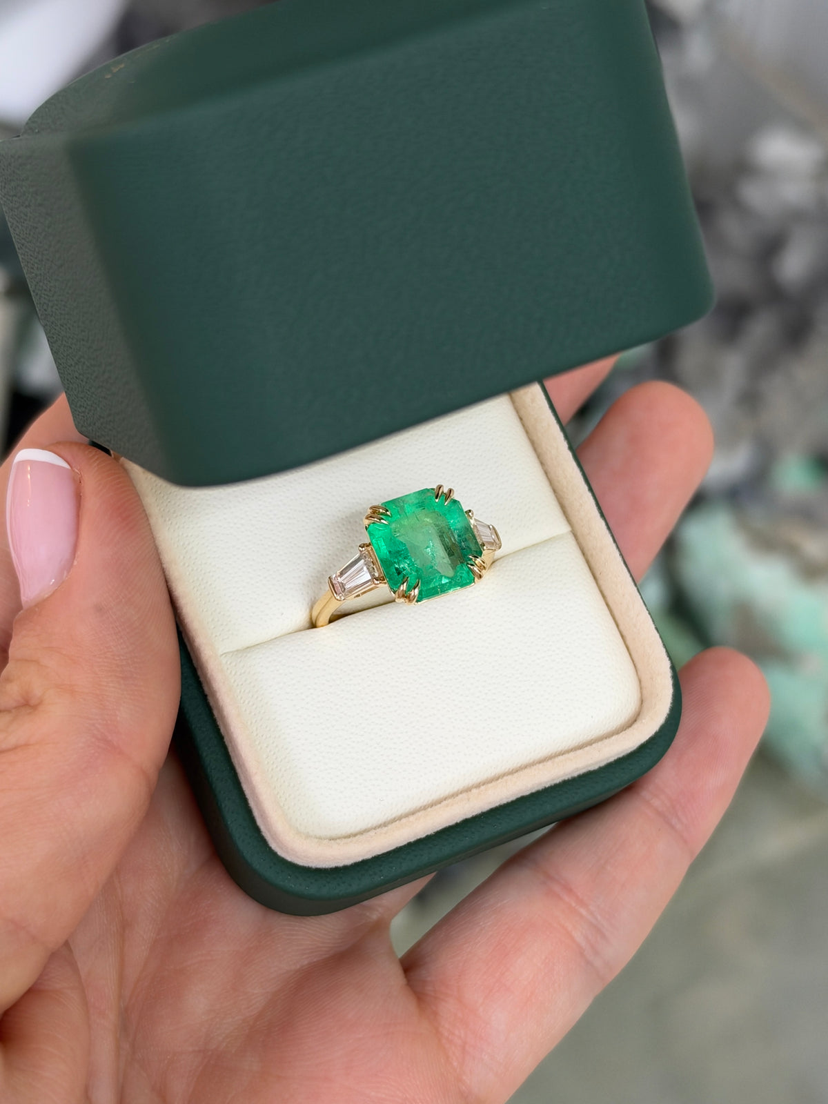 4.88tcw 18K Double Claw Asscher Cut Colombian Emerald & LAB Baguette Diamond Three Stone Ring