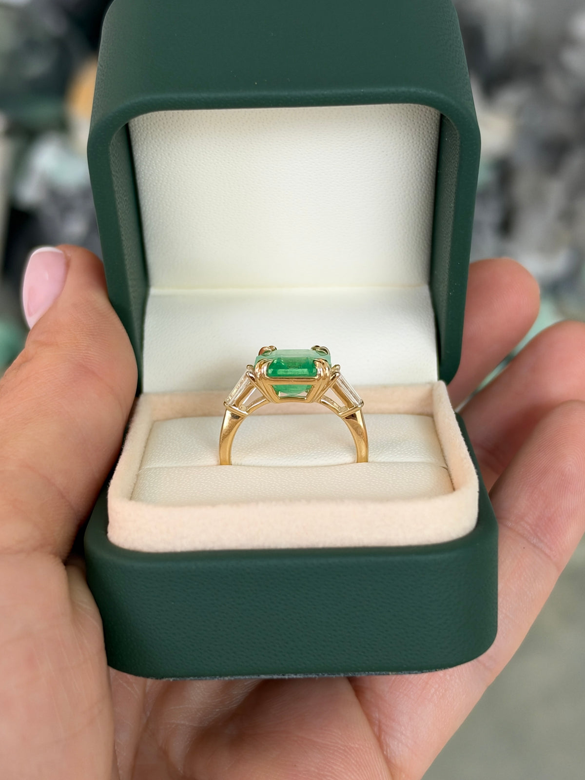4.88tcw 18K Double Claw Asscher Cut Colombian Emerald & LAB Baguette Diamond Three Stone Ring