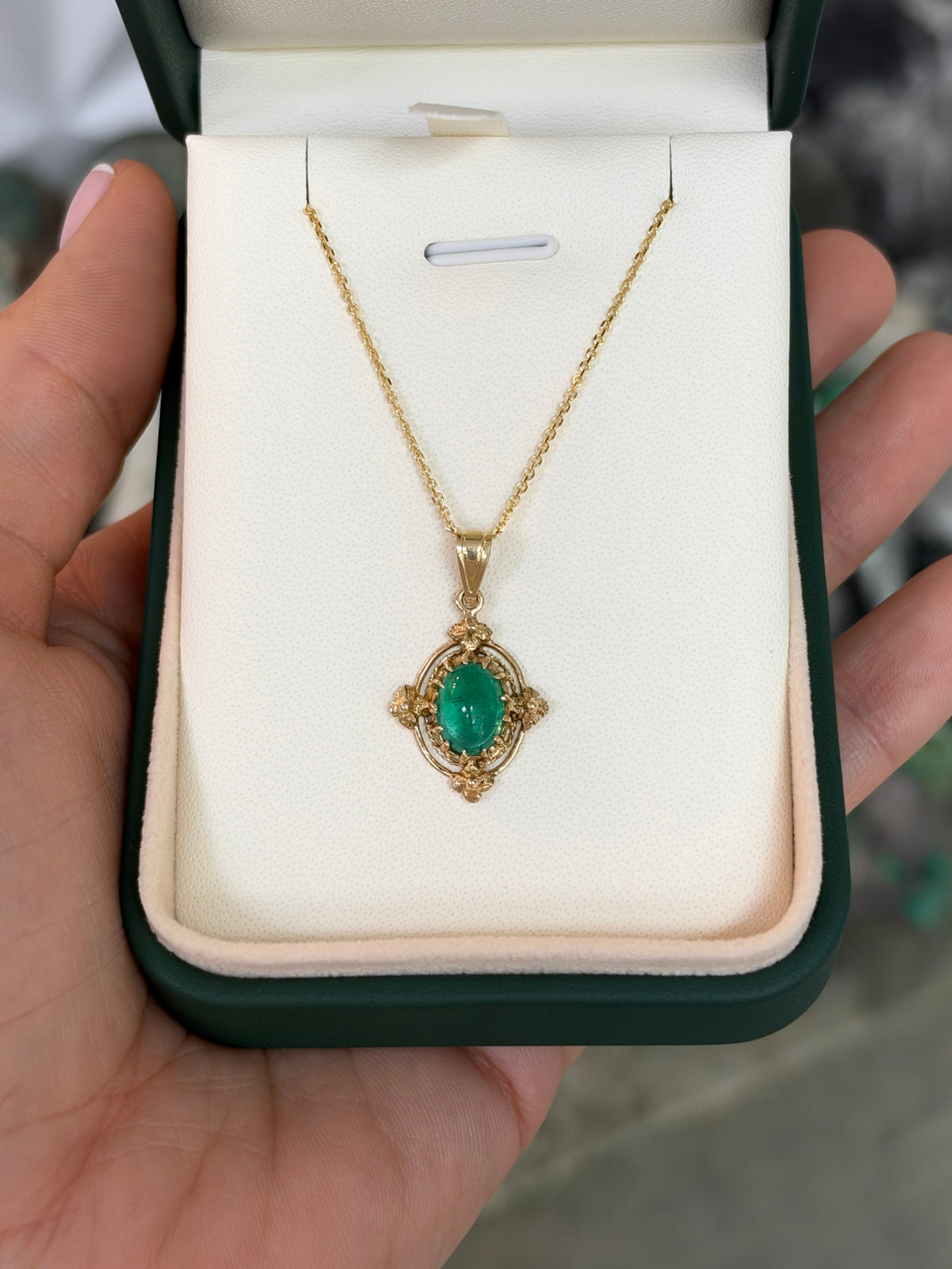 1.82ct 14K Natural Cabochon Cut Oval Emerald Solitaire Gothic Gold Pendant in Yellow Gold