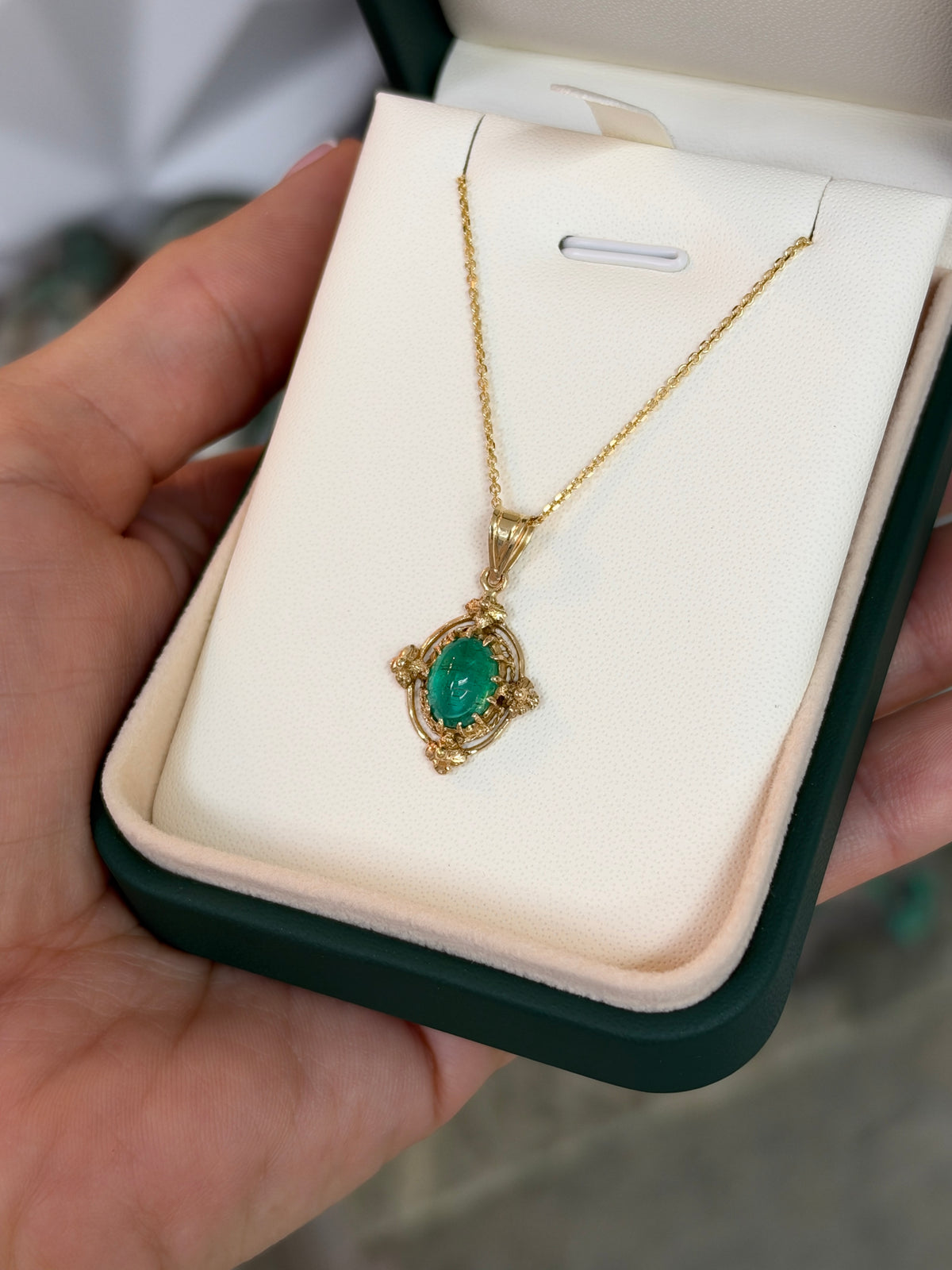 1.82ct 14K Natural Cabochon Cut Oval Emerald Solitaire Gothic Gold Pendant in Yellow Gold