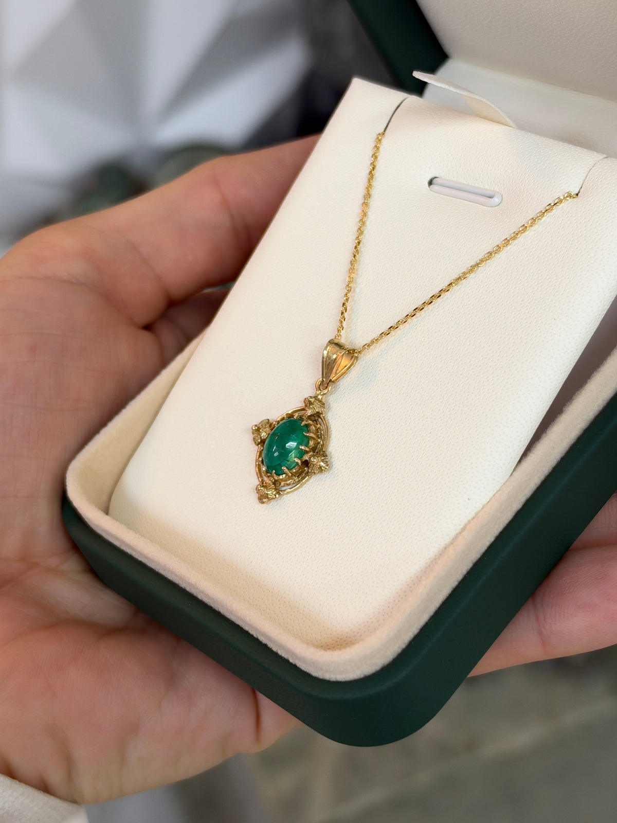 1.82ct 14K Natural Cabochon Cut Oval Emerald Solitaire Gothic Gold Pendant in Yellow Gold