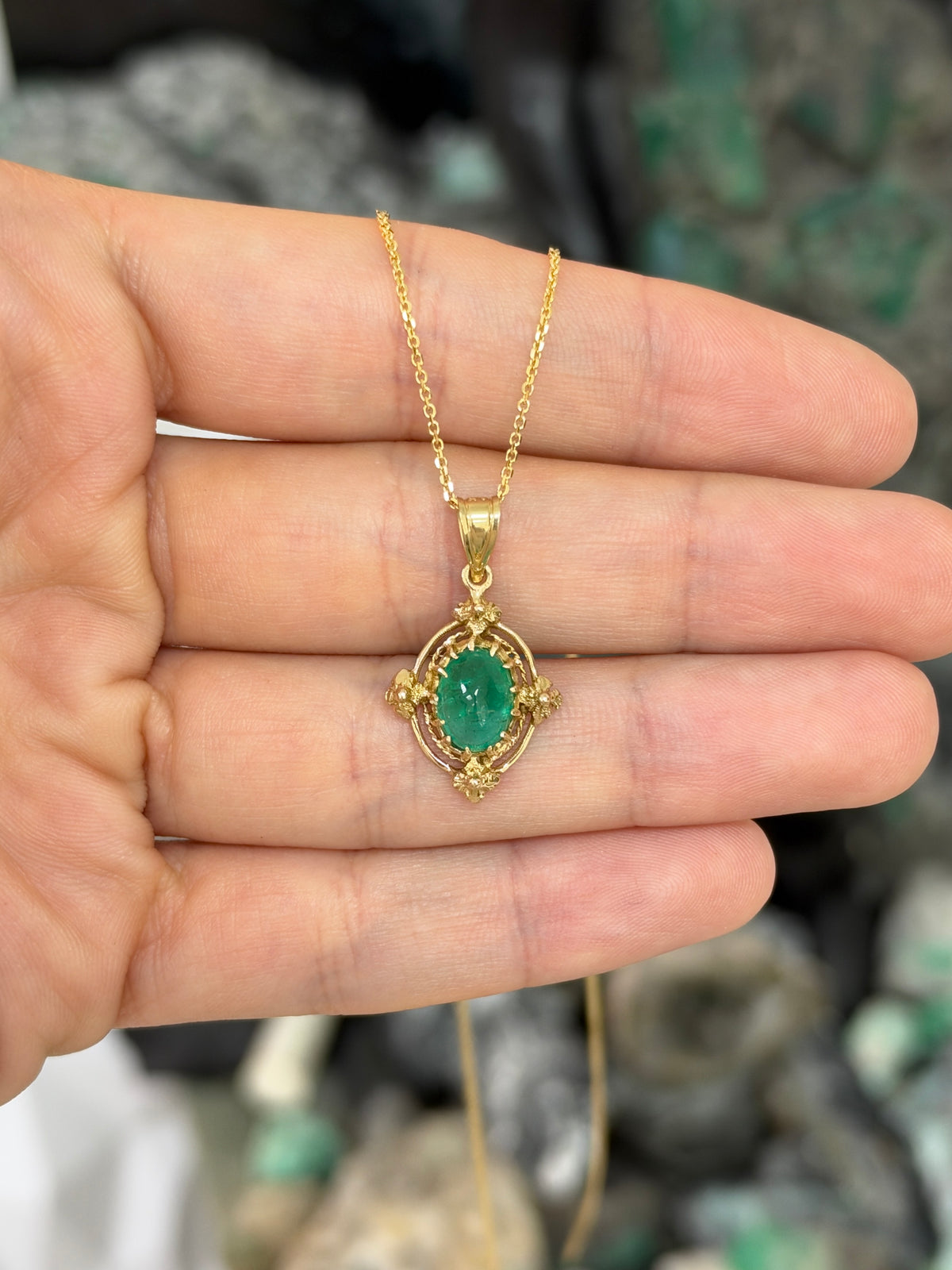 1.82ct 14K Natural Cabochon Cut Oval Emerald Solitaire Gothic Gold Pendant in Yellow Gold