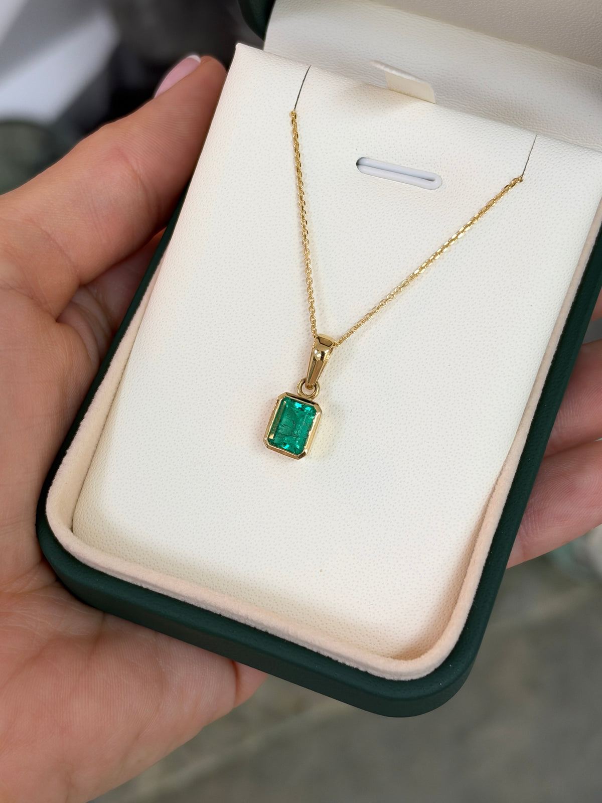 2.0ct 18K Colombian Emerald - Emerald Cut Bezel Set Solitaire Necklace