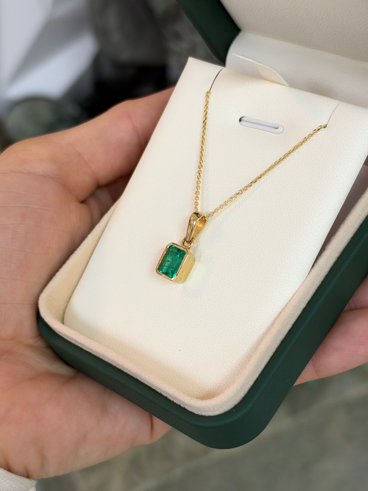 2.0ct 18K Colombian Emerald - Emerald Cut Bezel Set Solitaire Necklace
