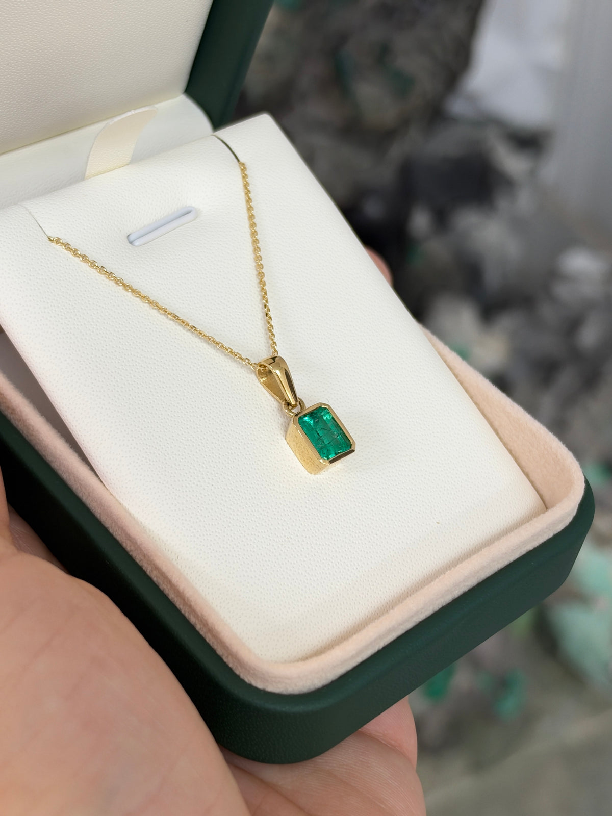 2.0ct 18K Colombian Emerald - Emerald Cut Bezel Set Solitaire Necklace