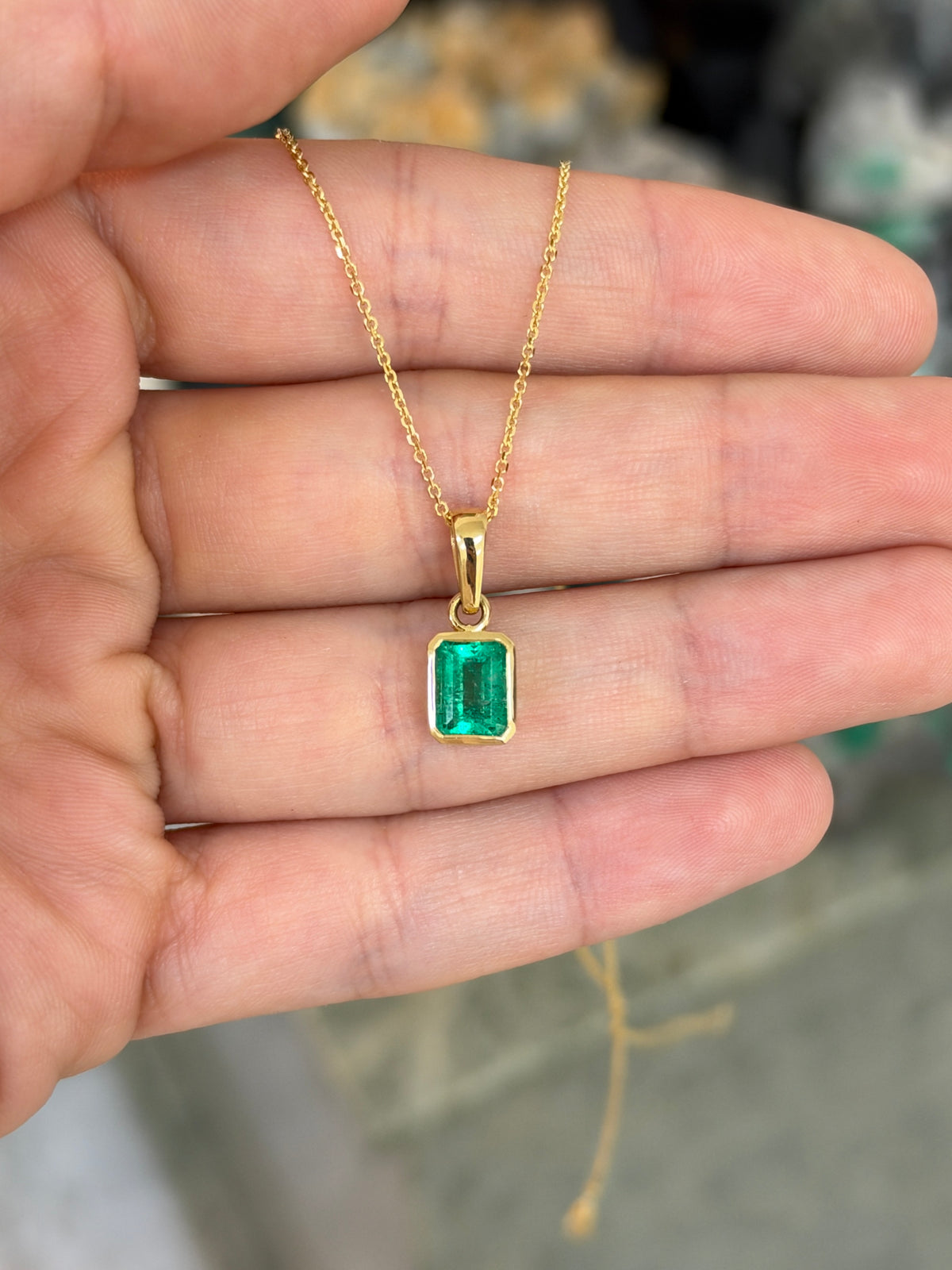 2.0ct 18K Colombian Emerald - Emerald Cut Bezel Set Solitaire Necklace
