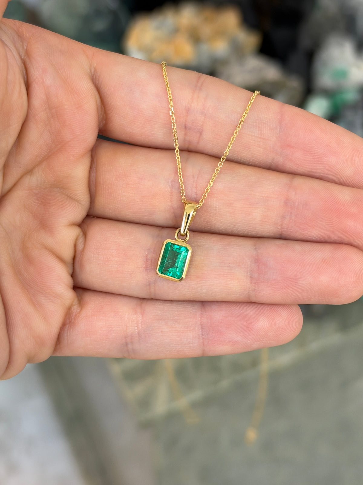 2.0ct 18K Colombian Emerald - Emerald Cut Bezel Set Solitaire Necklace