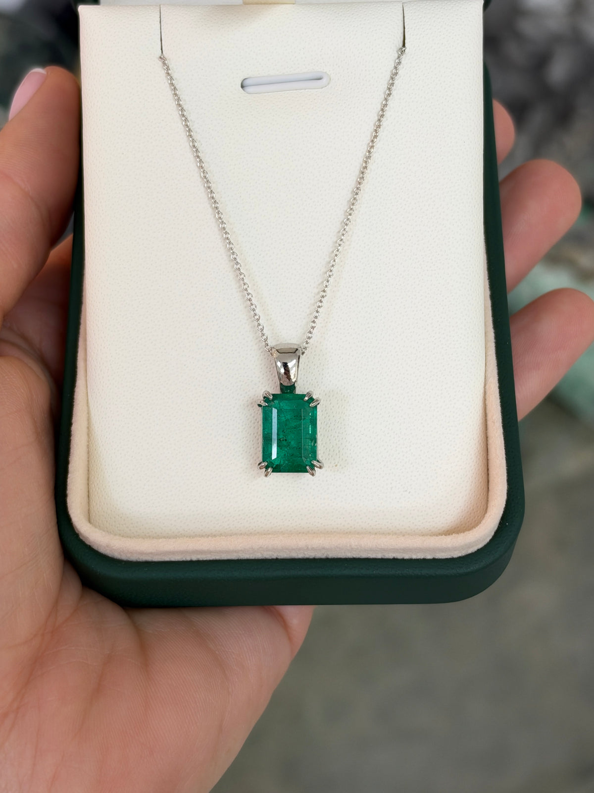 4.42ct Platinum Jungle Green Emerald Cut Emerald Solitaire Double Claw Prong Necklace