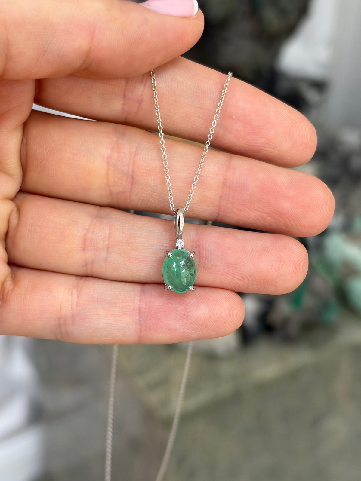 2.24tcw 14K Natural Oval Cabochon Cut Emerald & Diamond Accent Pendant
