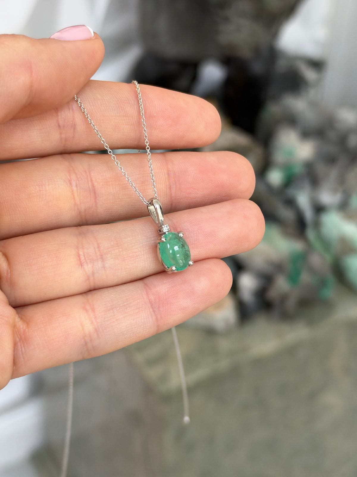 2.24tcw 14K Natural Oval Cabochon Cut Emerald & Diamond Accent Pendant
