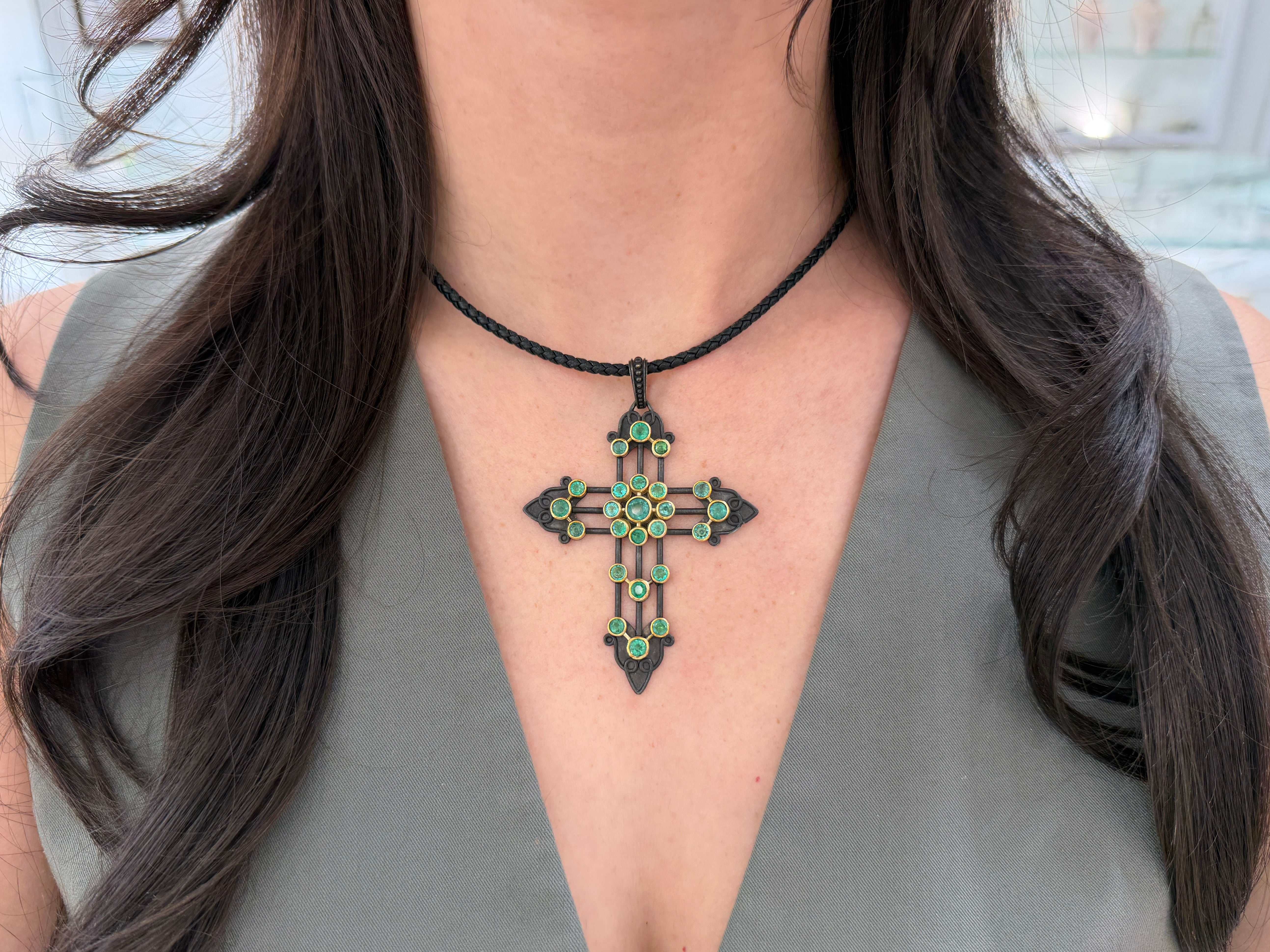 3.95tcw Gothic Emerald Crucifix 14K Gold & Blackened Silver