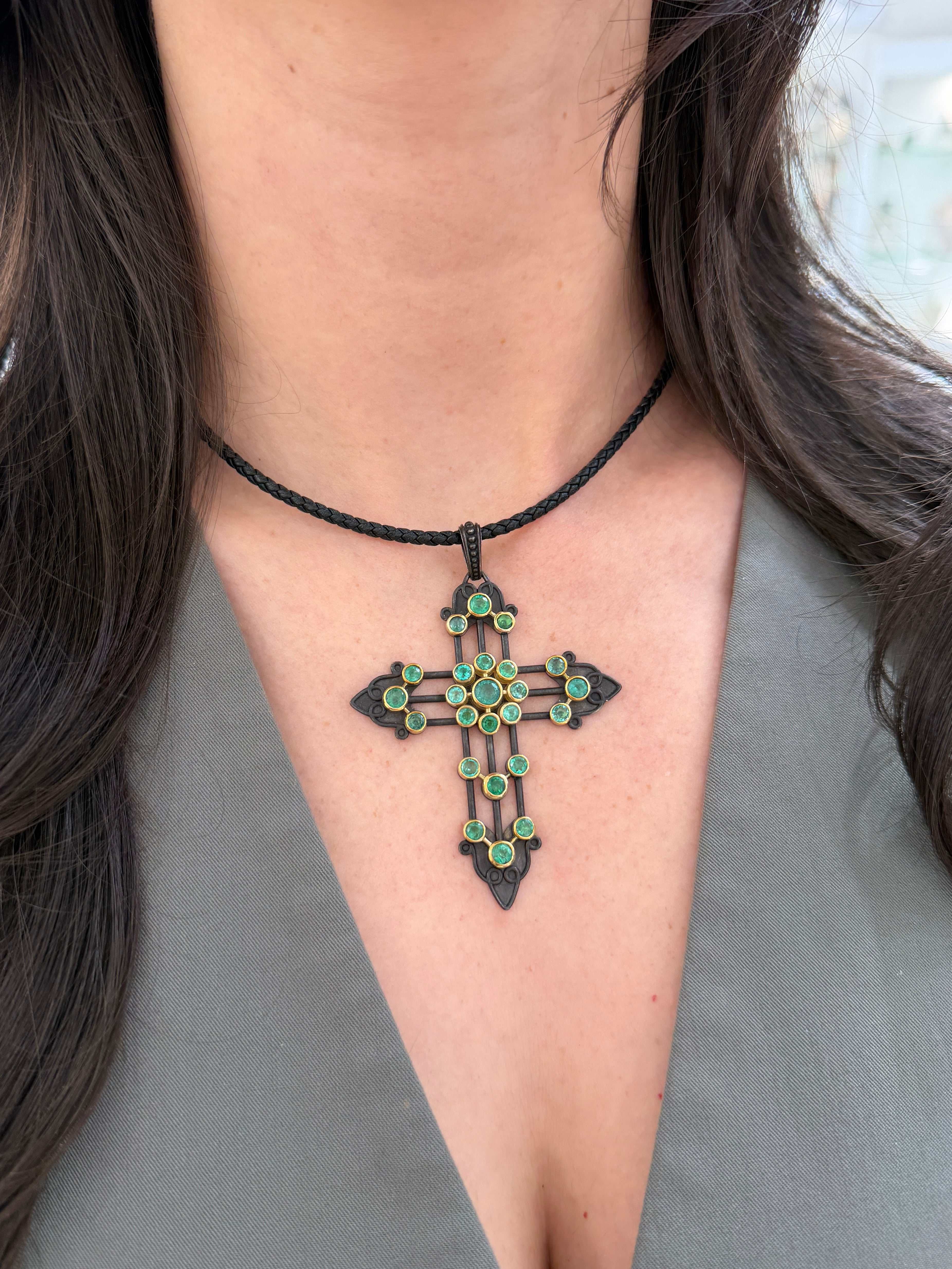 3.95tcw Gothic Emerald Crucifix 14K Gold & Blackened Silver
