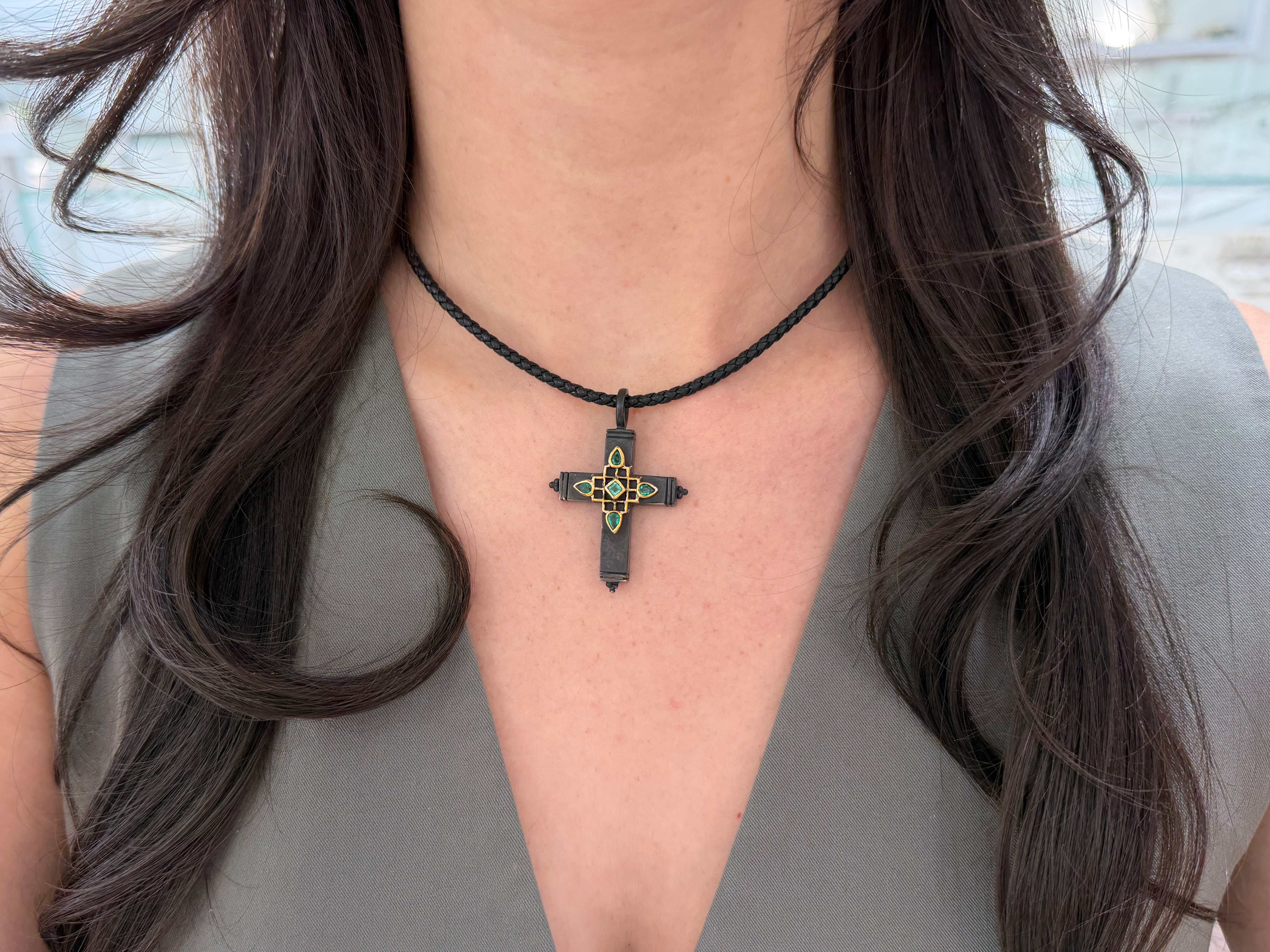 Gothic Emerald Crucifix Gold & Blackened Silver