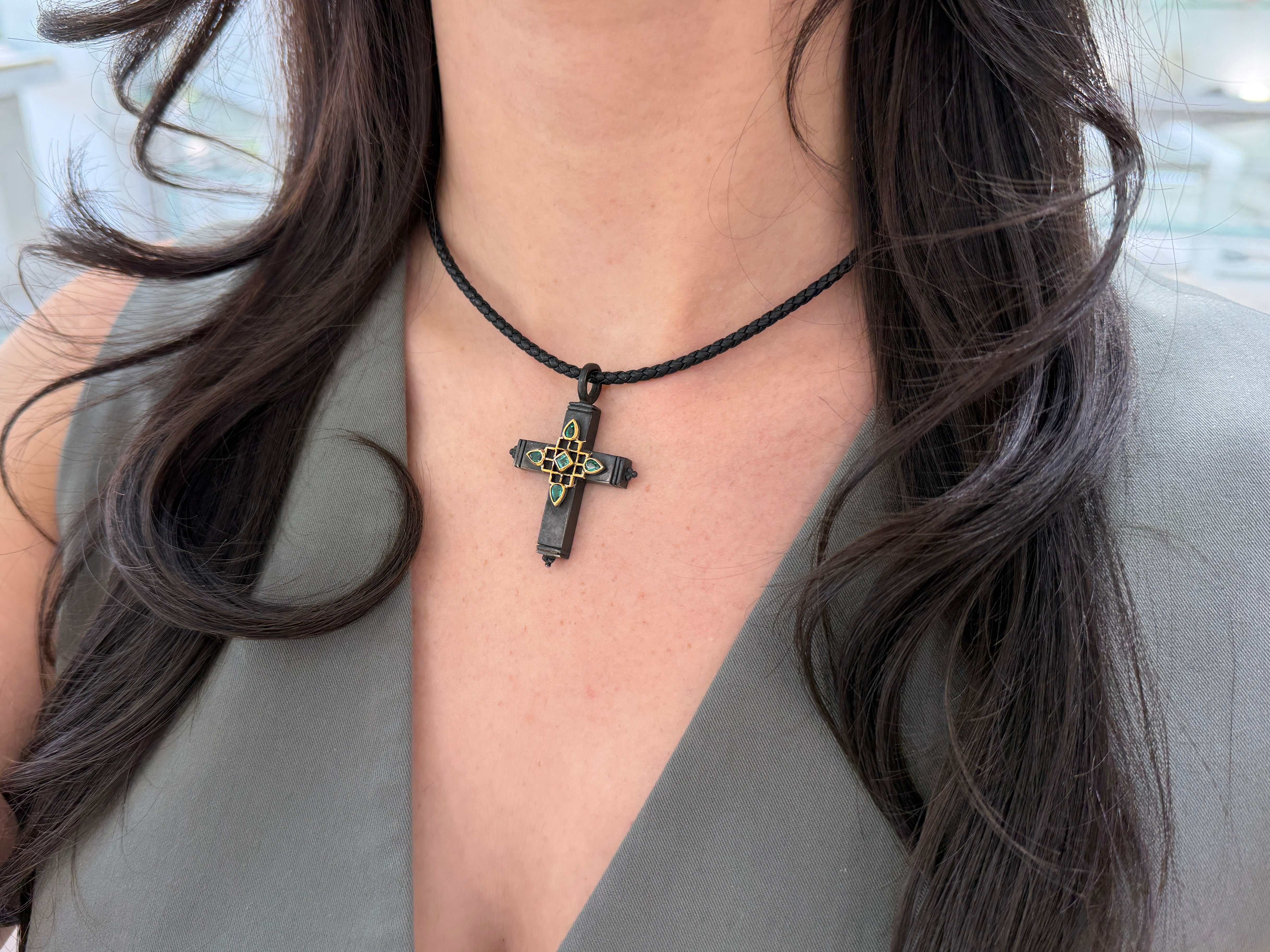 Gothic Emerald Crucifix Gold & Blackened Silver