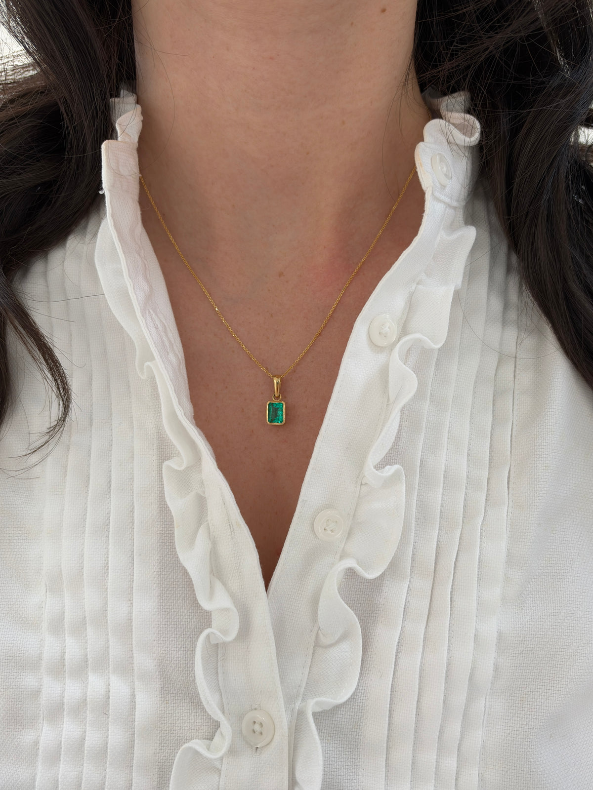 2.0ct 18K Colombian Emerald - Emerald Cut Bezel Set Solitaire Necklace