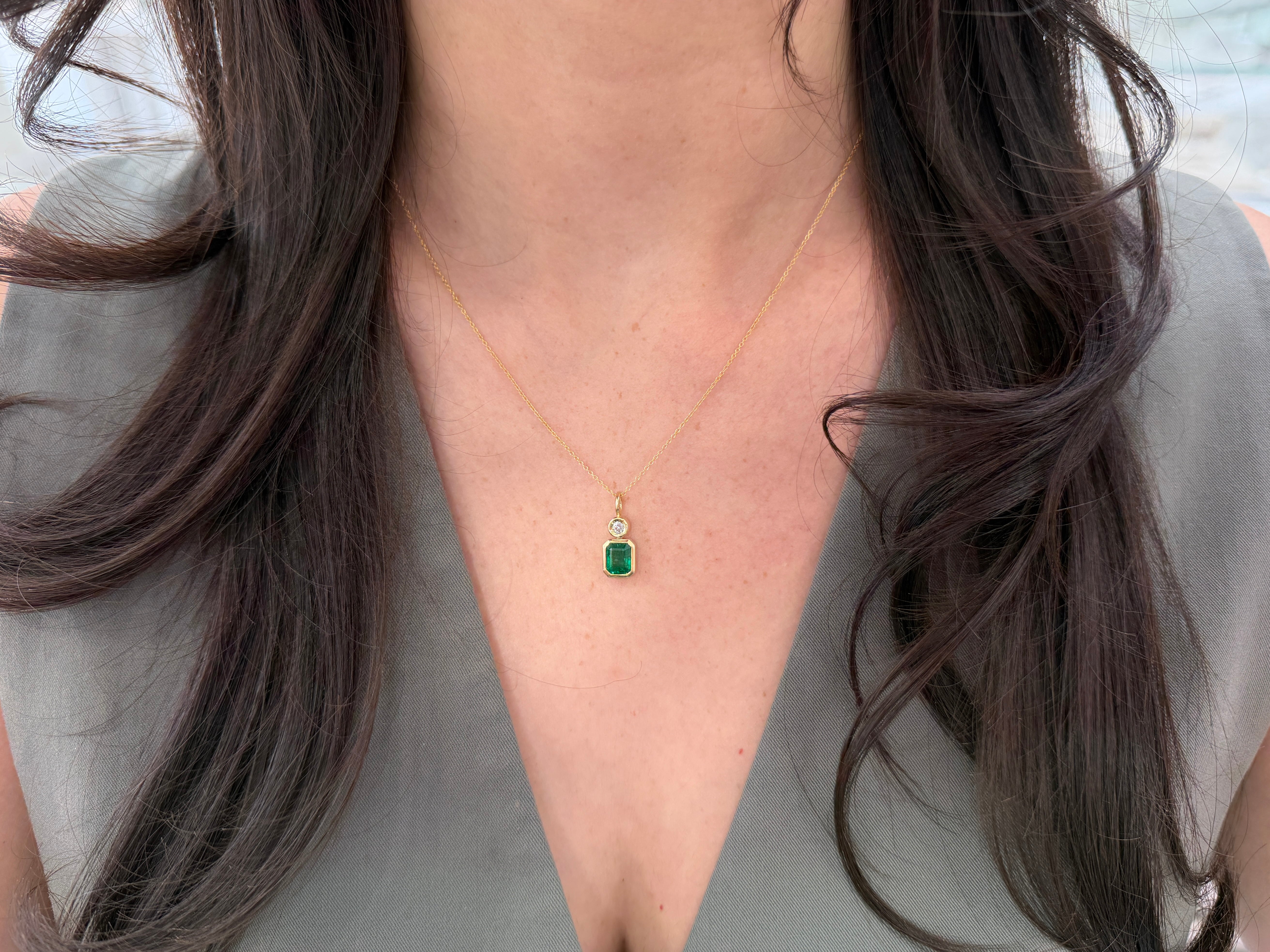 1.85tcw Bezel Set AAA Emerald & Round Diamond Accent Necklace Pendant 14K