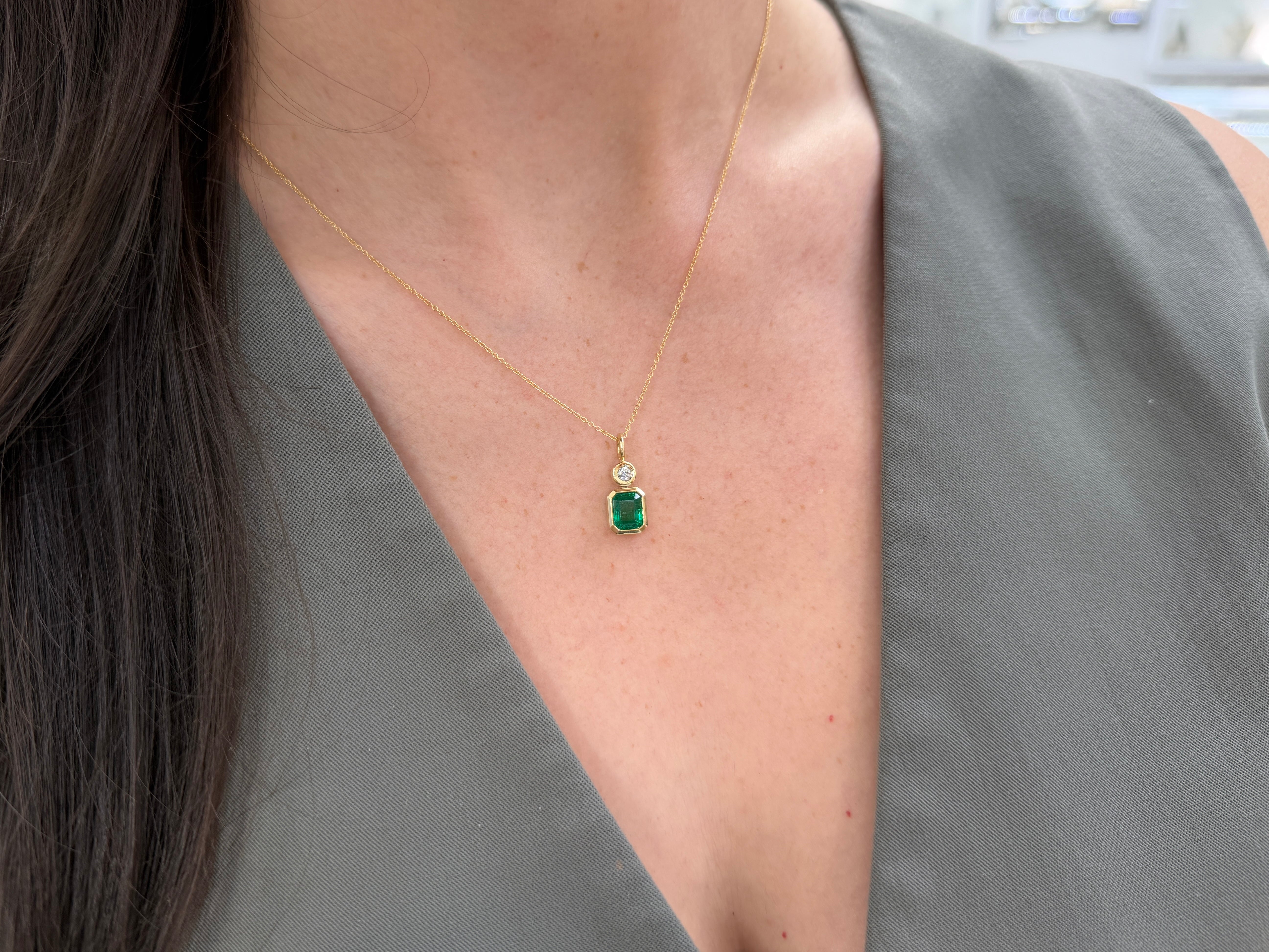 1.85tcw Bezel Set AAA Emerald & Round Diamond Accent Necklace Pendant 14K