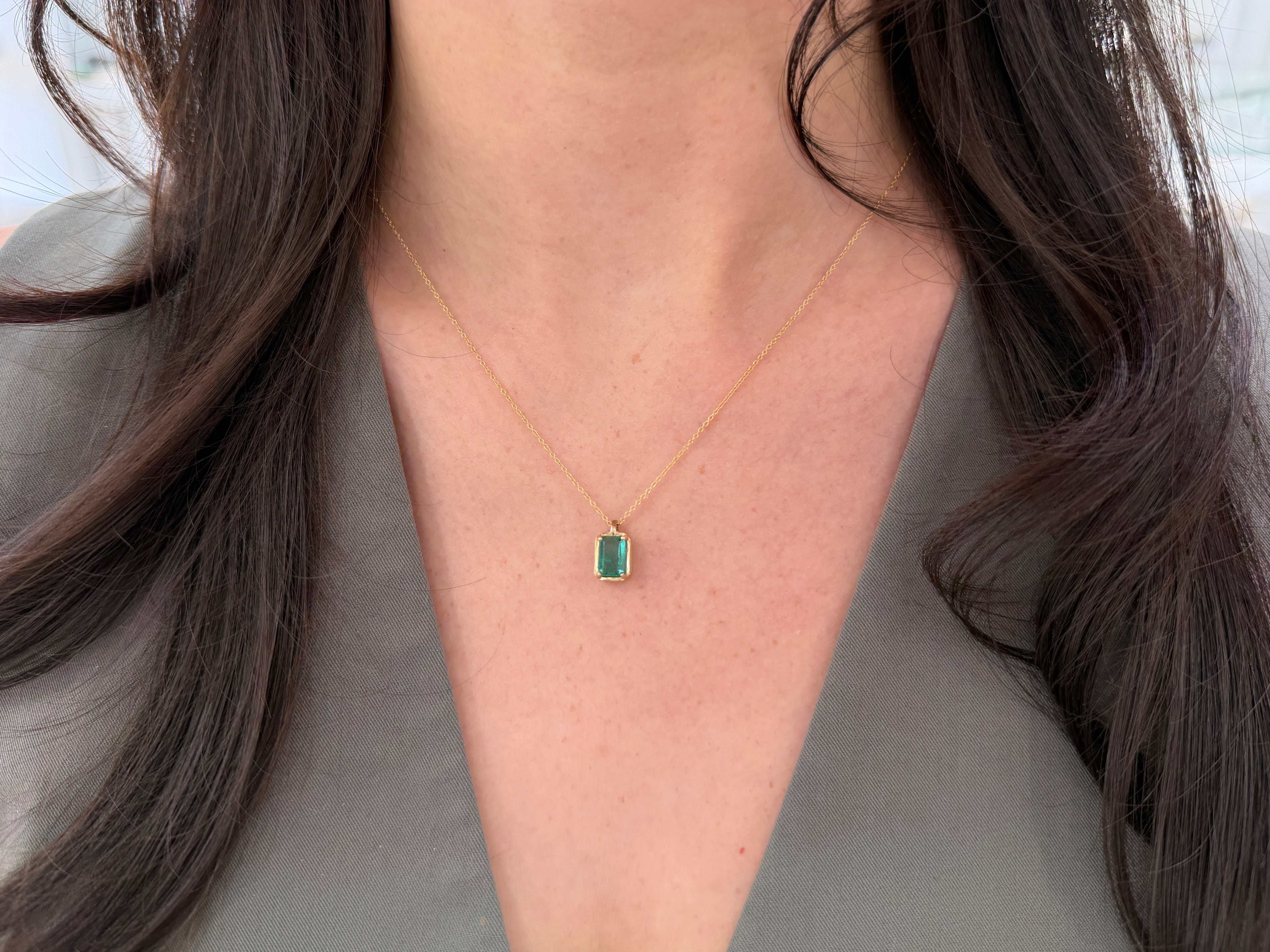 1.59 Carat Crystal Clear Bluish Green Solitaire Emerald Necklace 14K