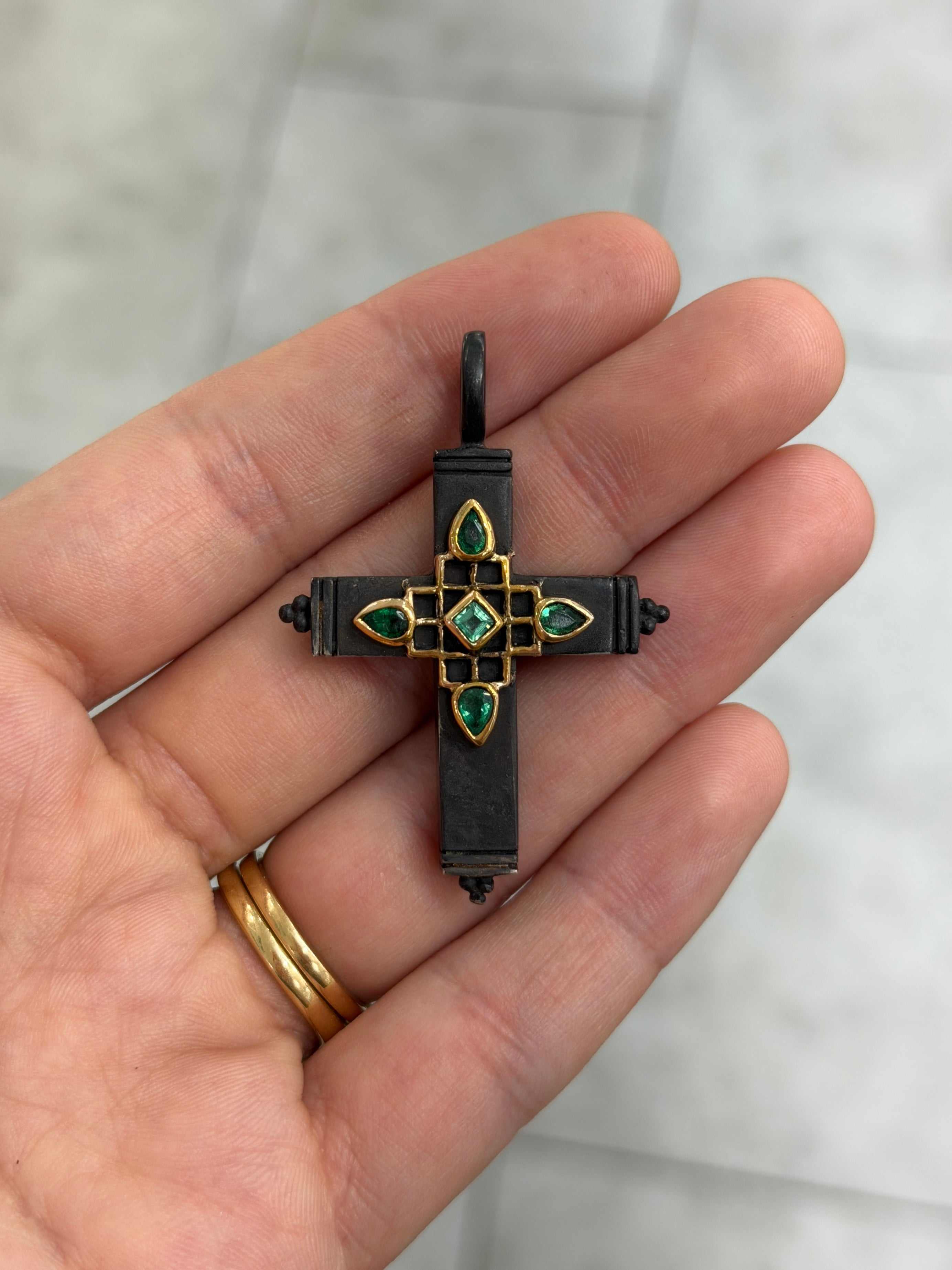 Gothic Emerald Crucifix Gold & Blackened Silver