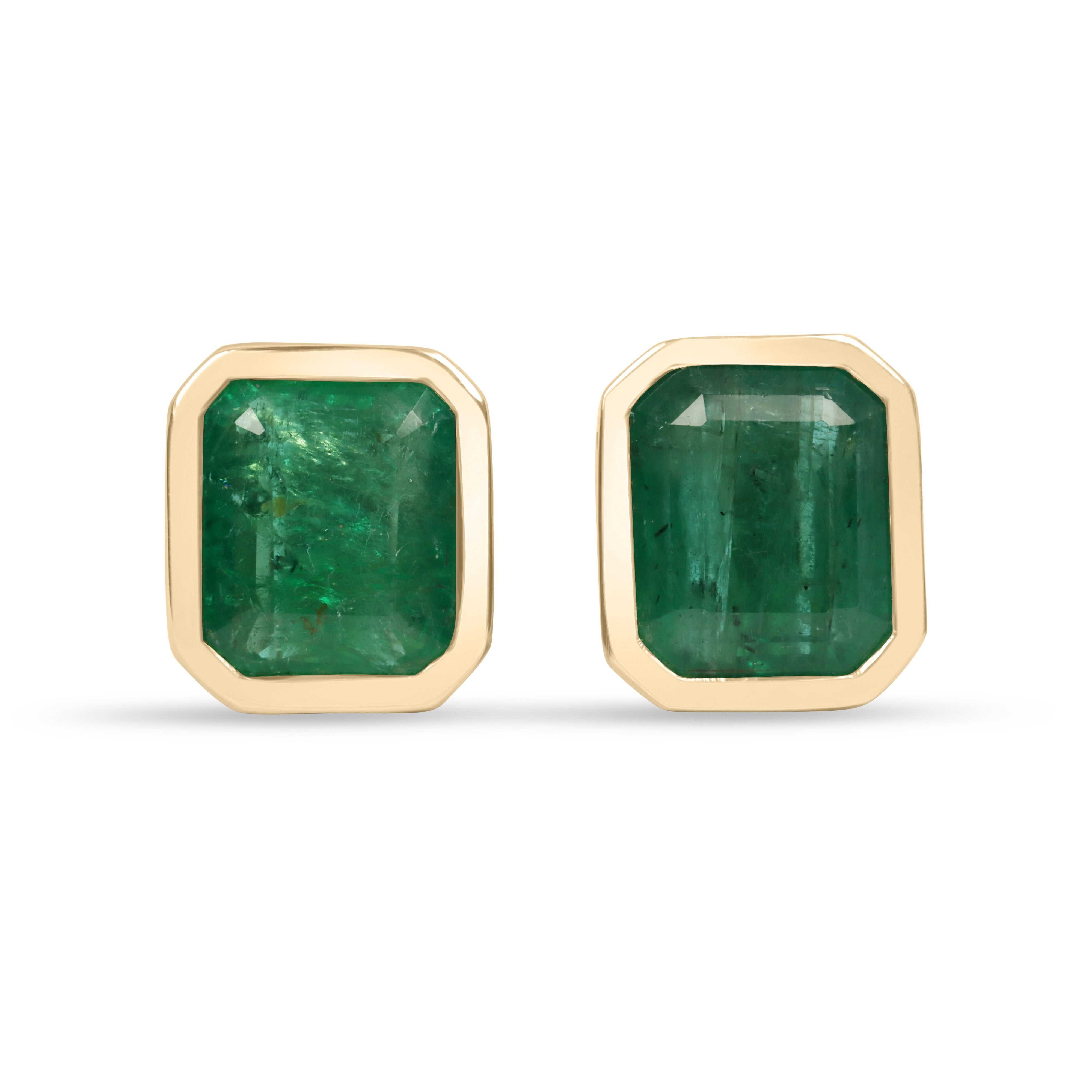 18K yellow gold bezel set emerald cut emerald stud earrings medium deep green stones