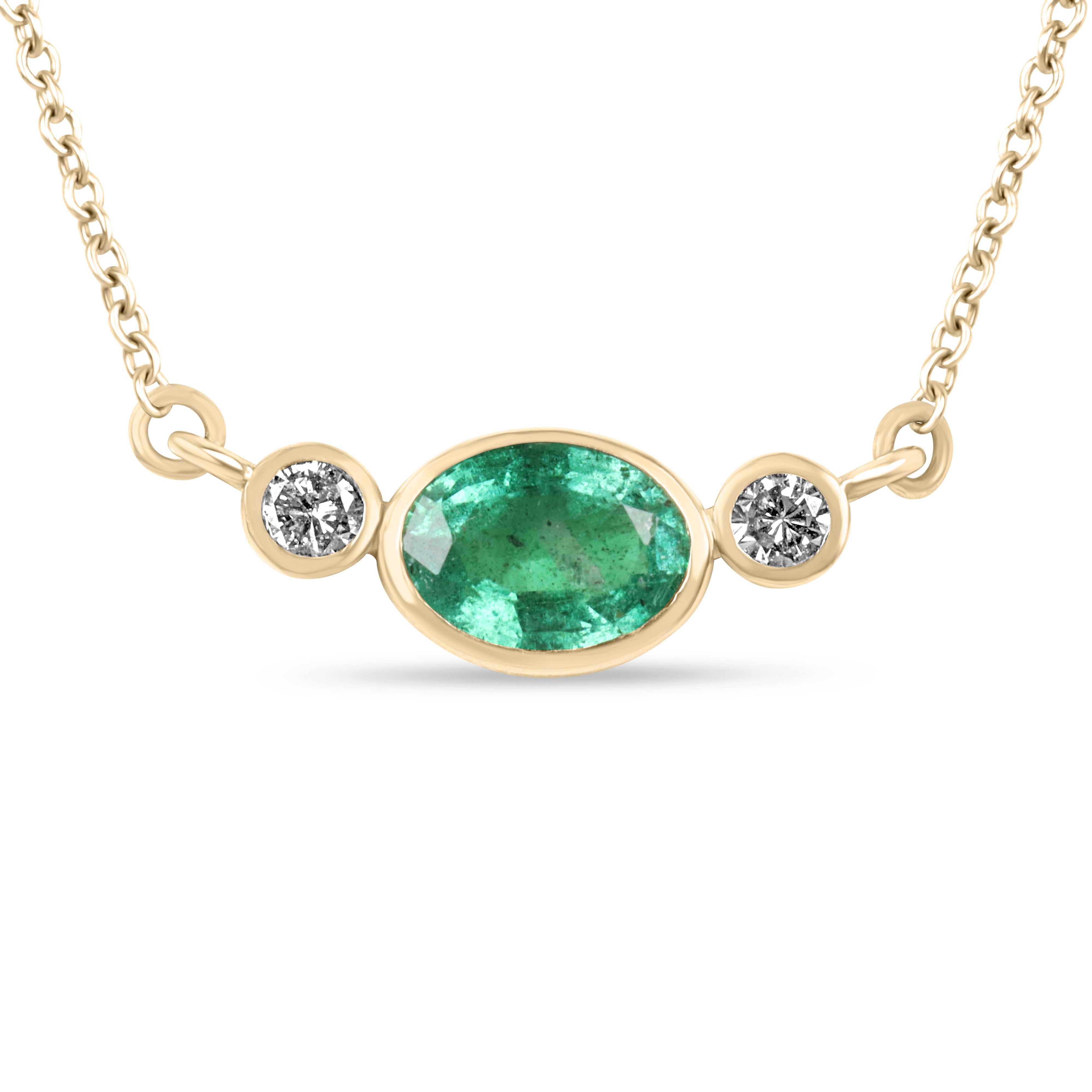 14K yellow gold necklace with bezel set oval emerald and two round diamonds, 18-inch chain, Everyday East-West Oval Emerald design