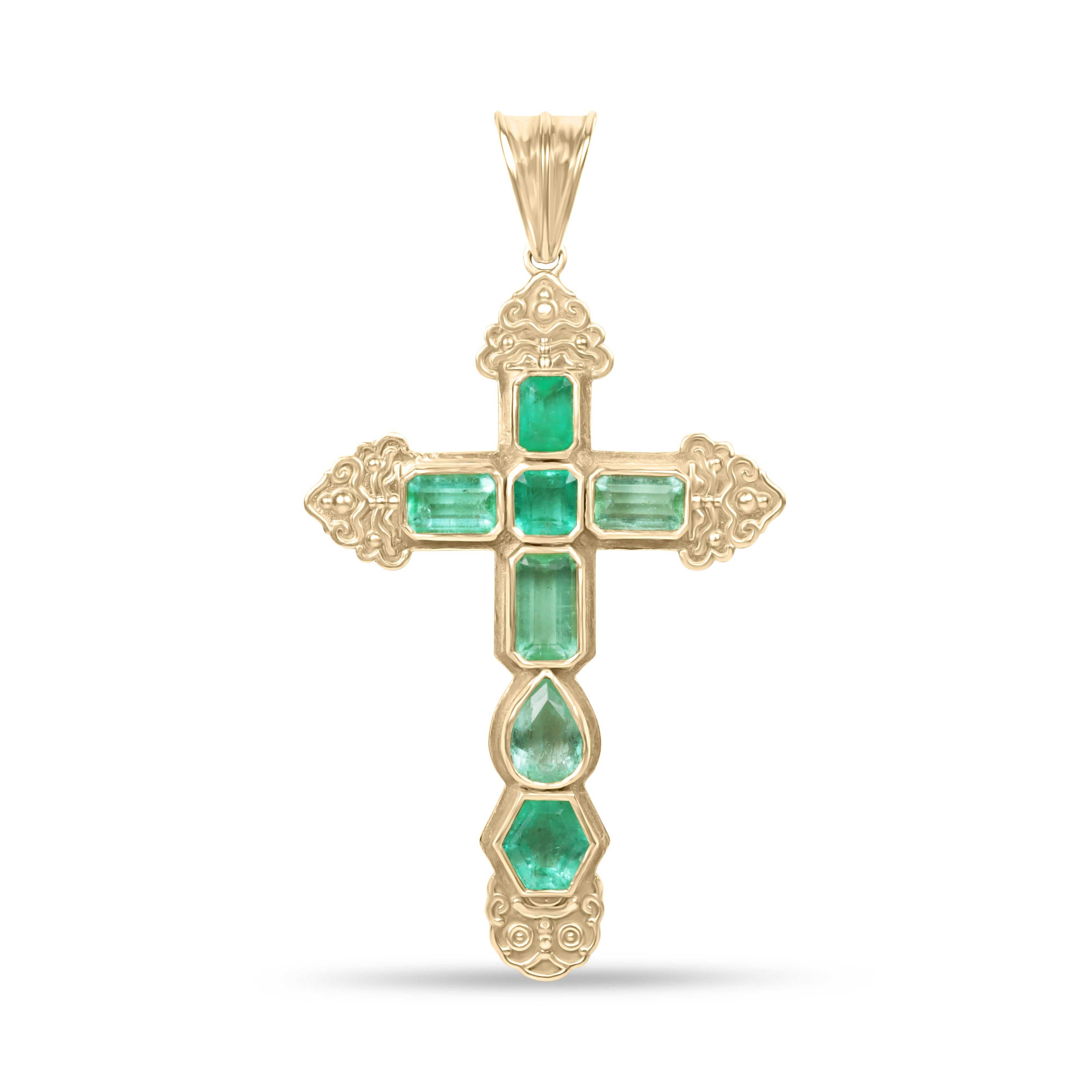 Natural Colombian Emerald cross pendant with sterling silver and gold plate setting