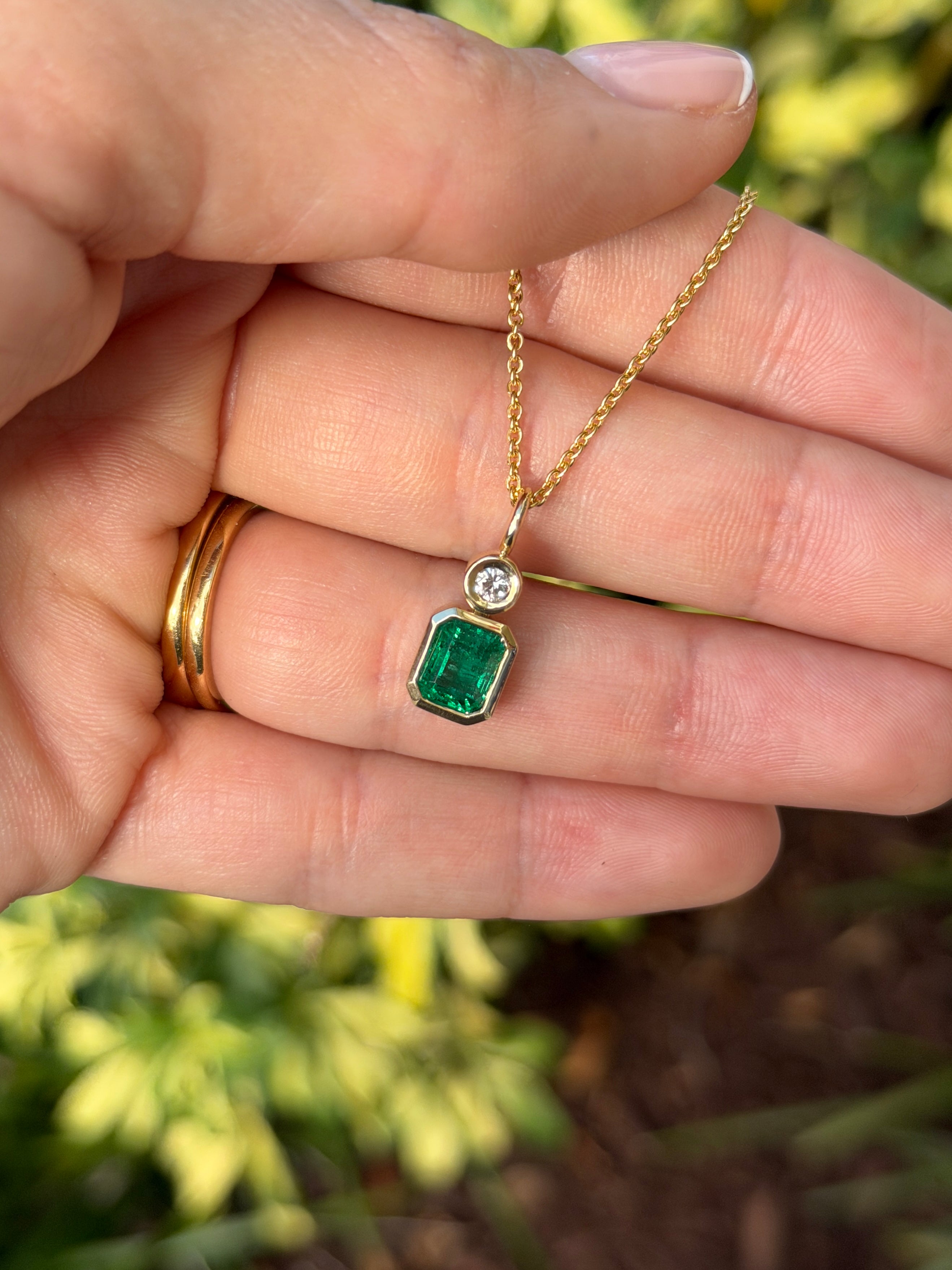 1.85tcw Bezel Set AAA Emerald & Round Diamond Accent Necklace Pendant 14K