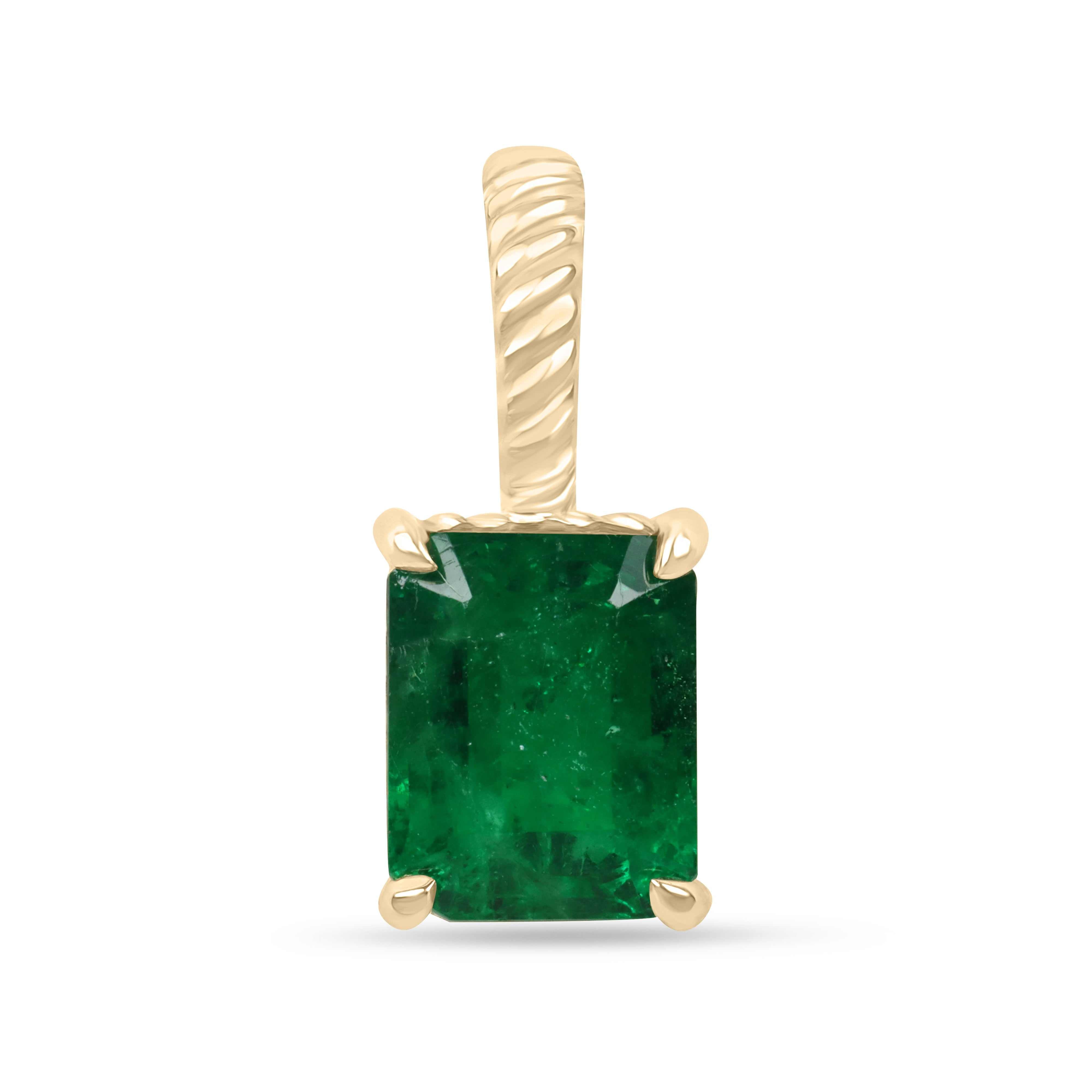 2.32ct 14K yellow gold solitaire emerald pendant with emerald cut Zambian stone in rope scroll design