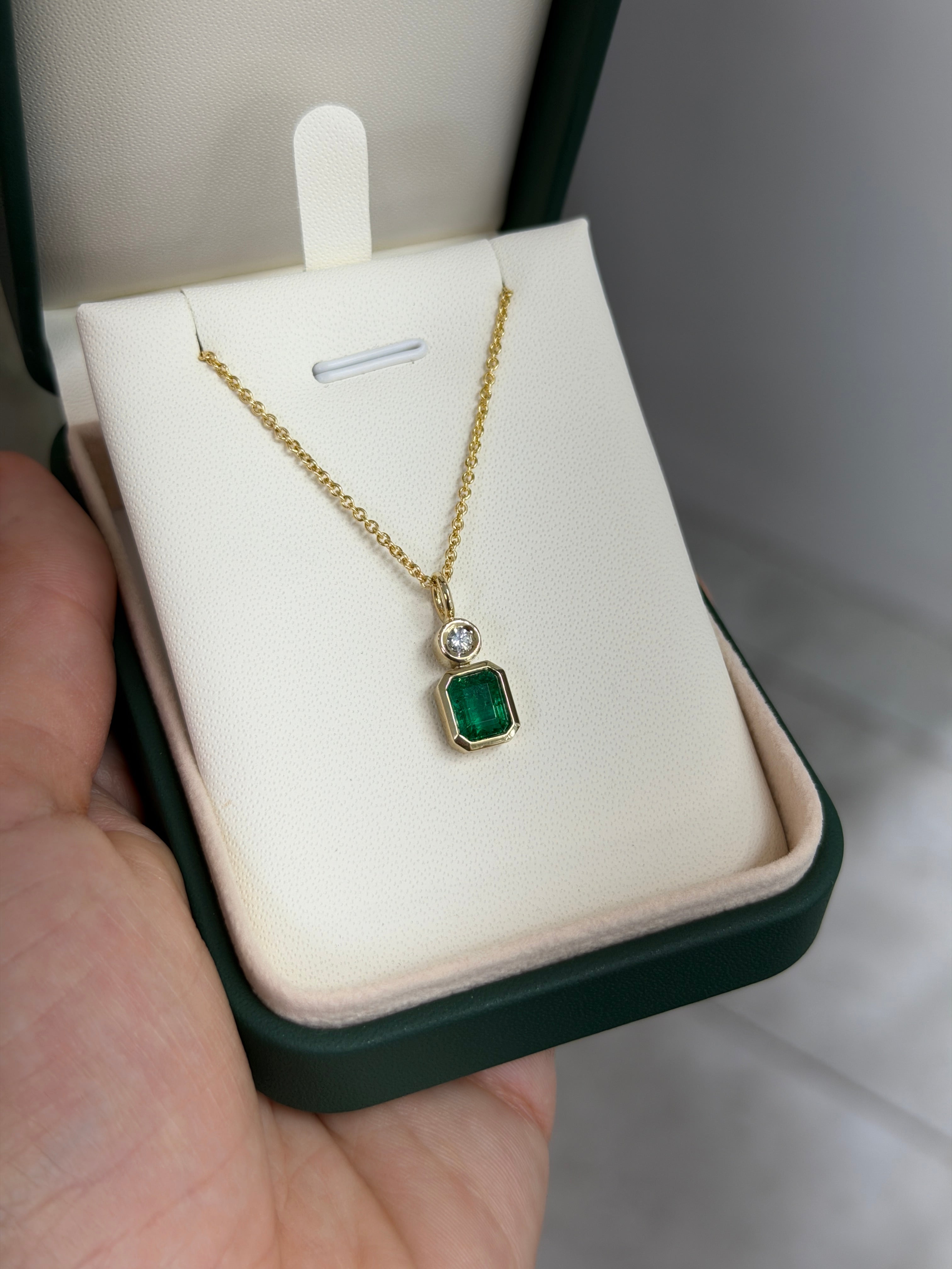1.85tcw Bezel Set AAA Emerald & Round Diamond Accent Necklace Pendant 14K