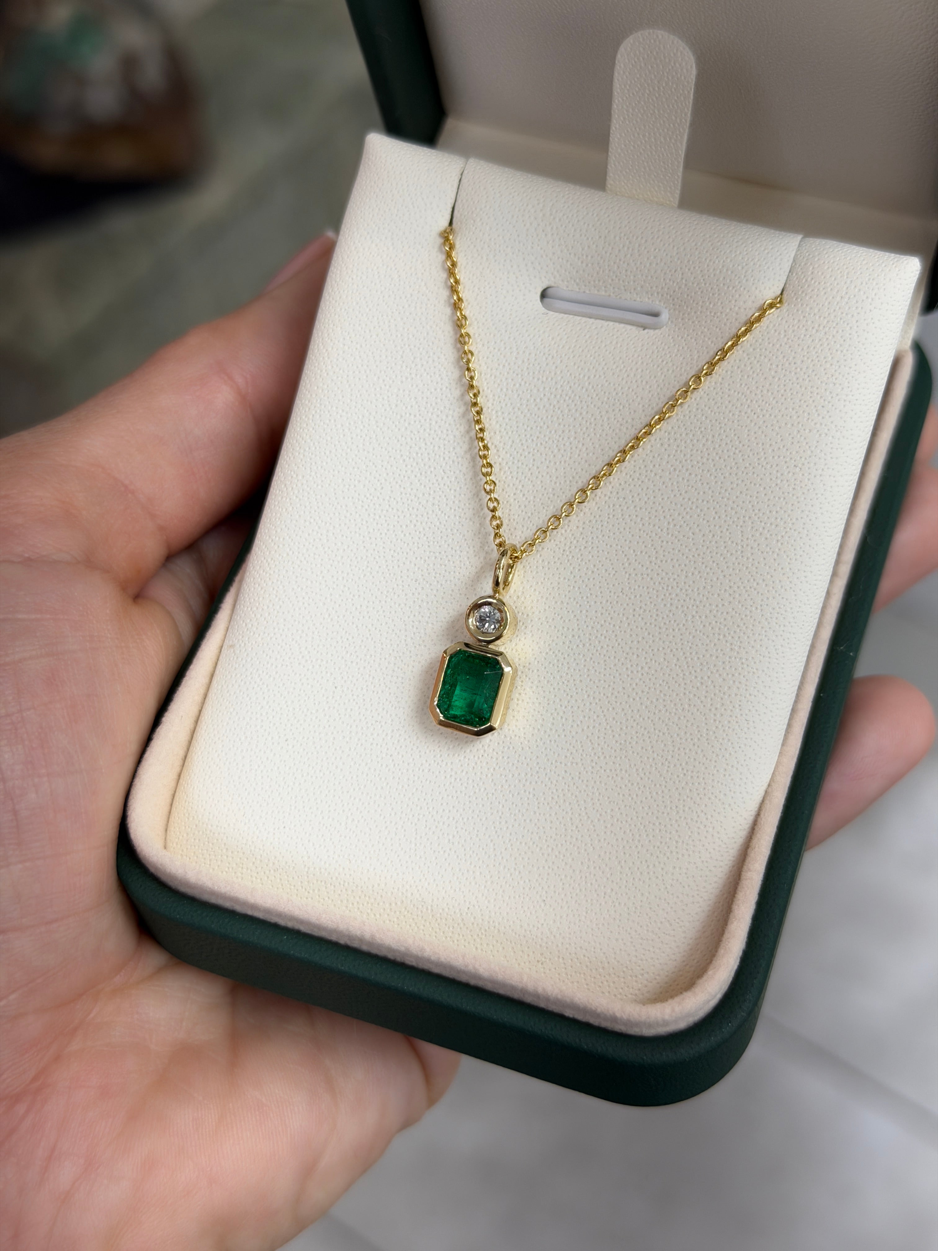 1.85tcw Bezel Set AAA Emerald & Round Diamond Accent Necklace Pendant 14K