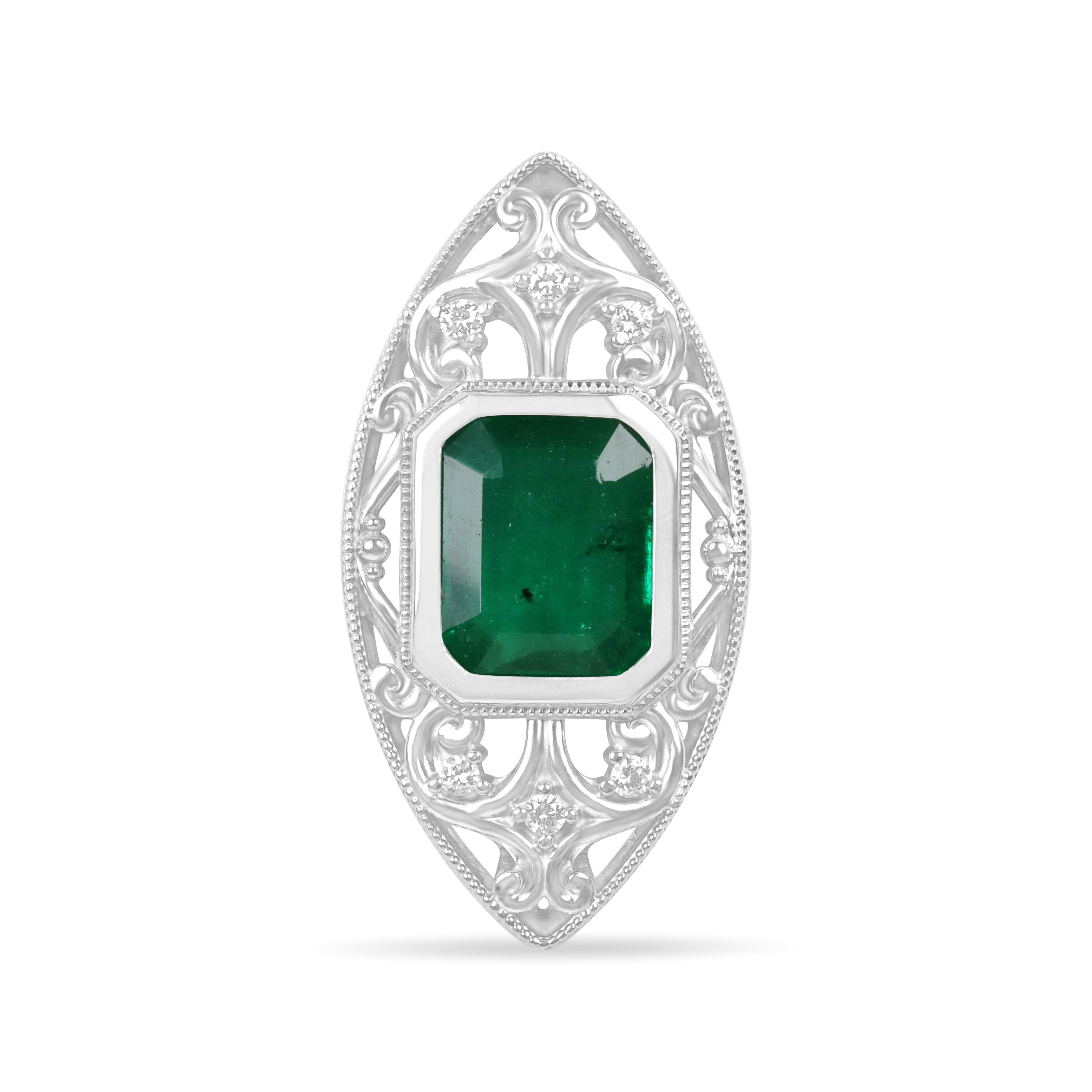 5.26tcw Art Deco Inspired Emerald Cut Emerald Vintage Filigree Diamond Slider Necklace 14K Gold