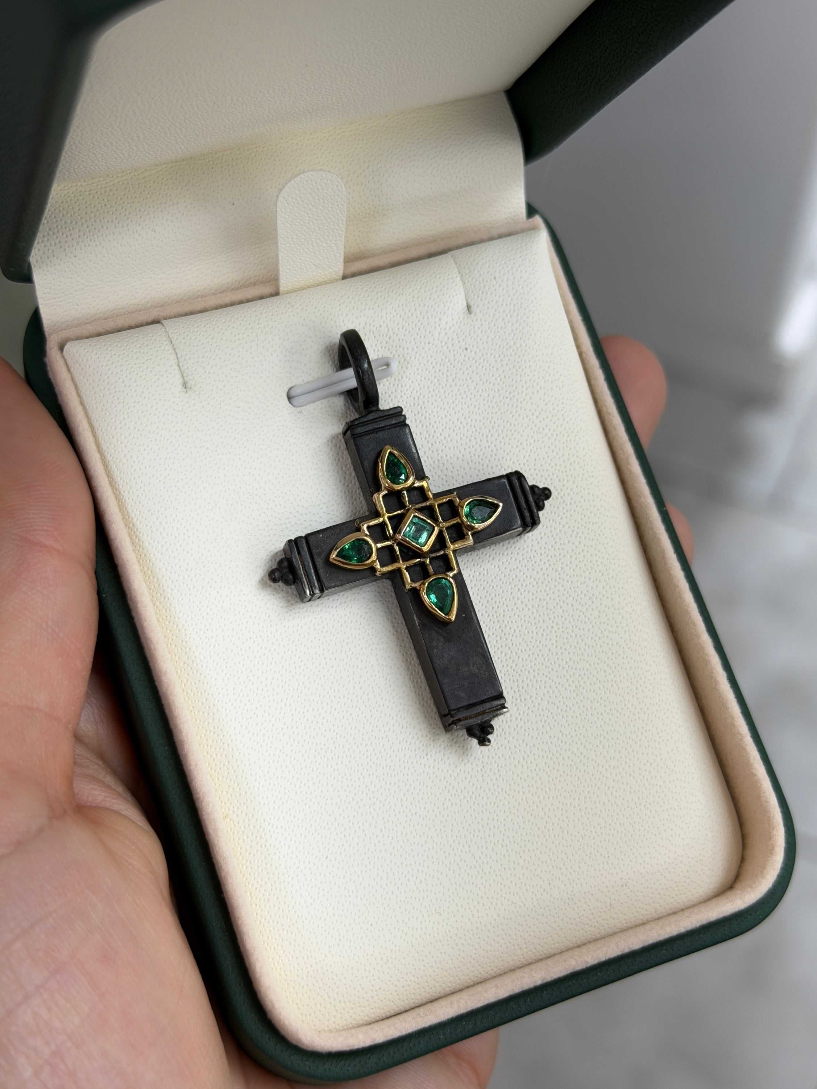 Gothic Emerald Crucifix Gold & Blackened Silver