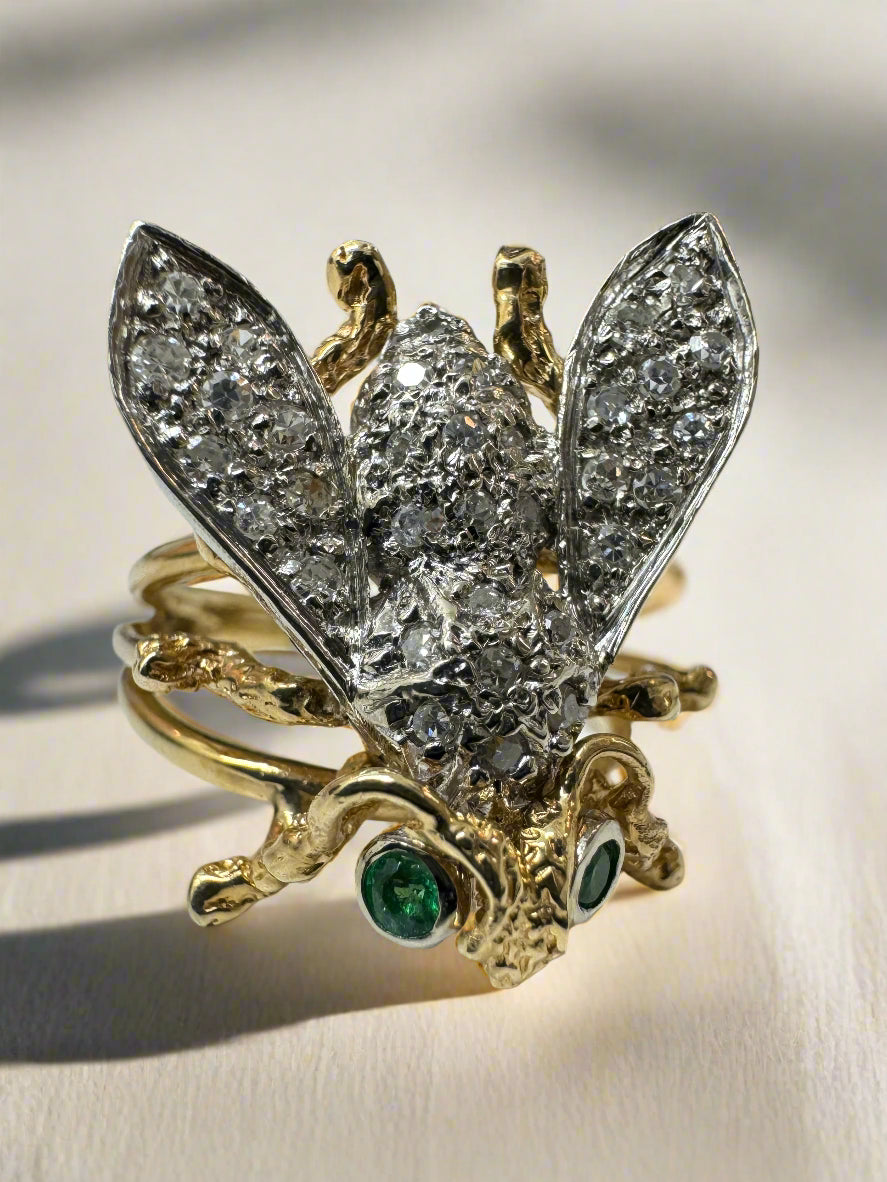 IG Exclusive 0.40tcw Emerald & Diamond Bee Ring 14K Two Toned - JR Colombian Emeralds