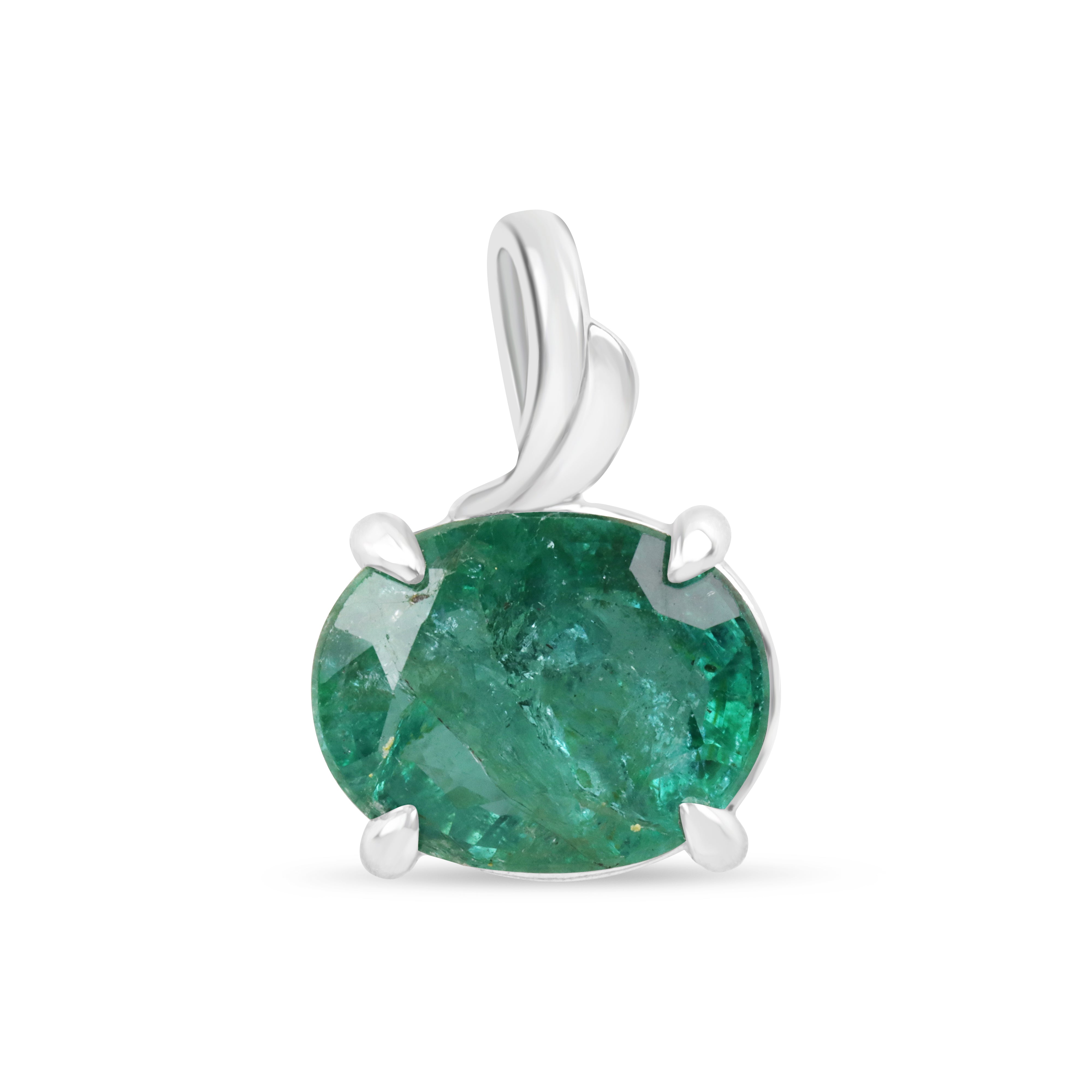 Earthy 2.60ct oval emerald leaf pendant necklace in 14K white gold, designed by JR Colombian Emeralds.