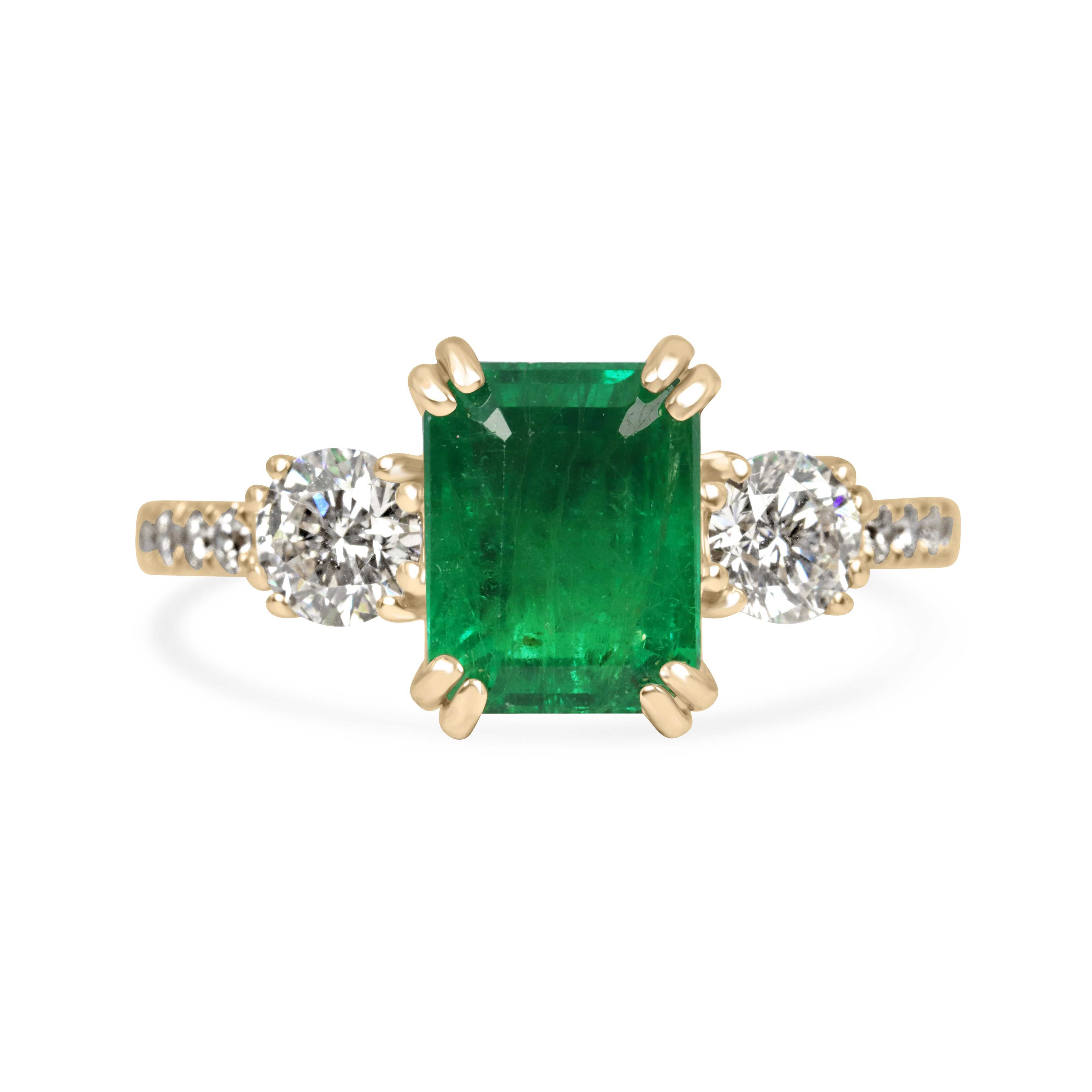 3.16tcw emerald cut center stone ring with lab round diamonds and 14K yellow gold accents