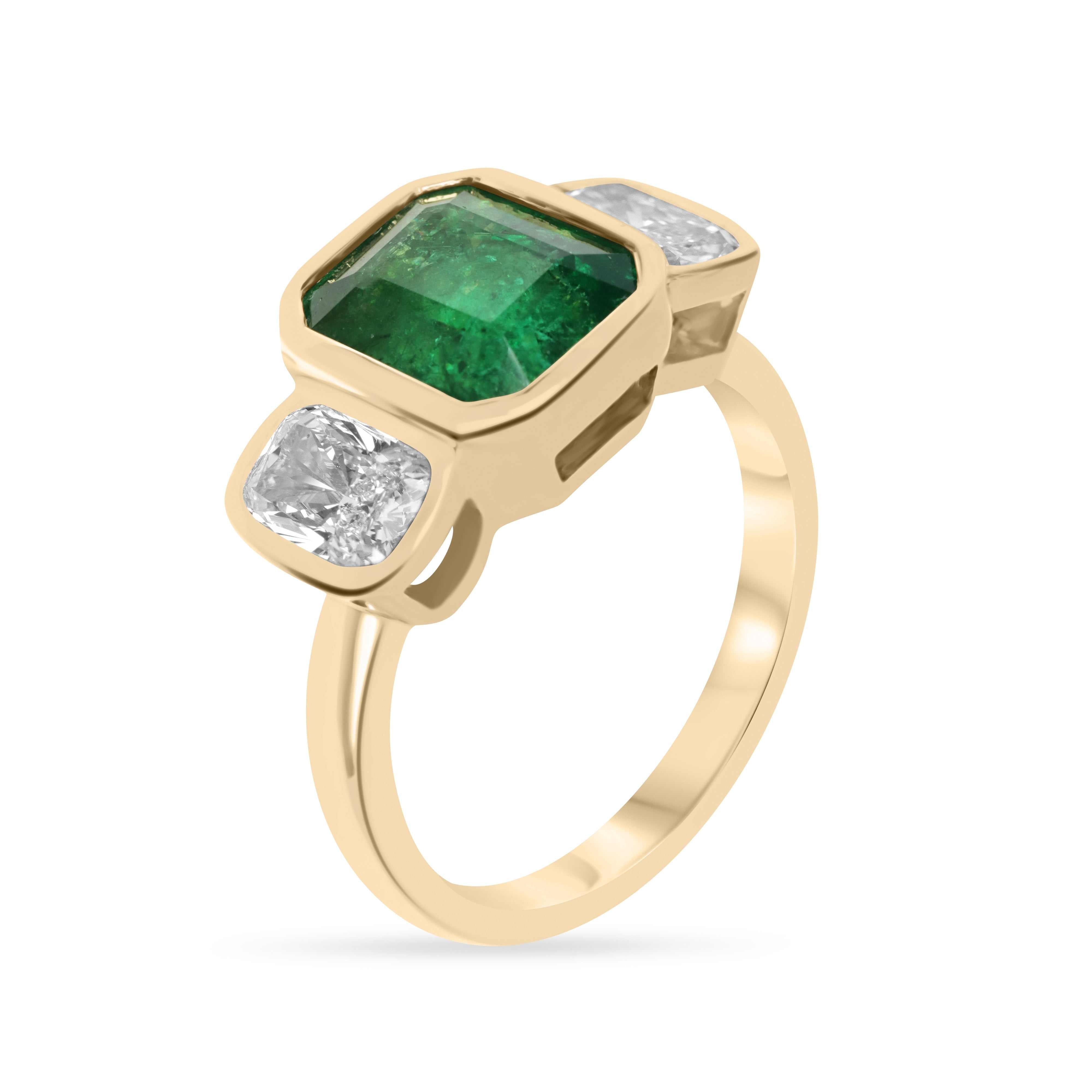 3.70tcw Bezel Set Emerald & Cushion Cut Lab Diamond Three Stone Ring 14K