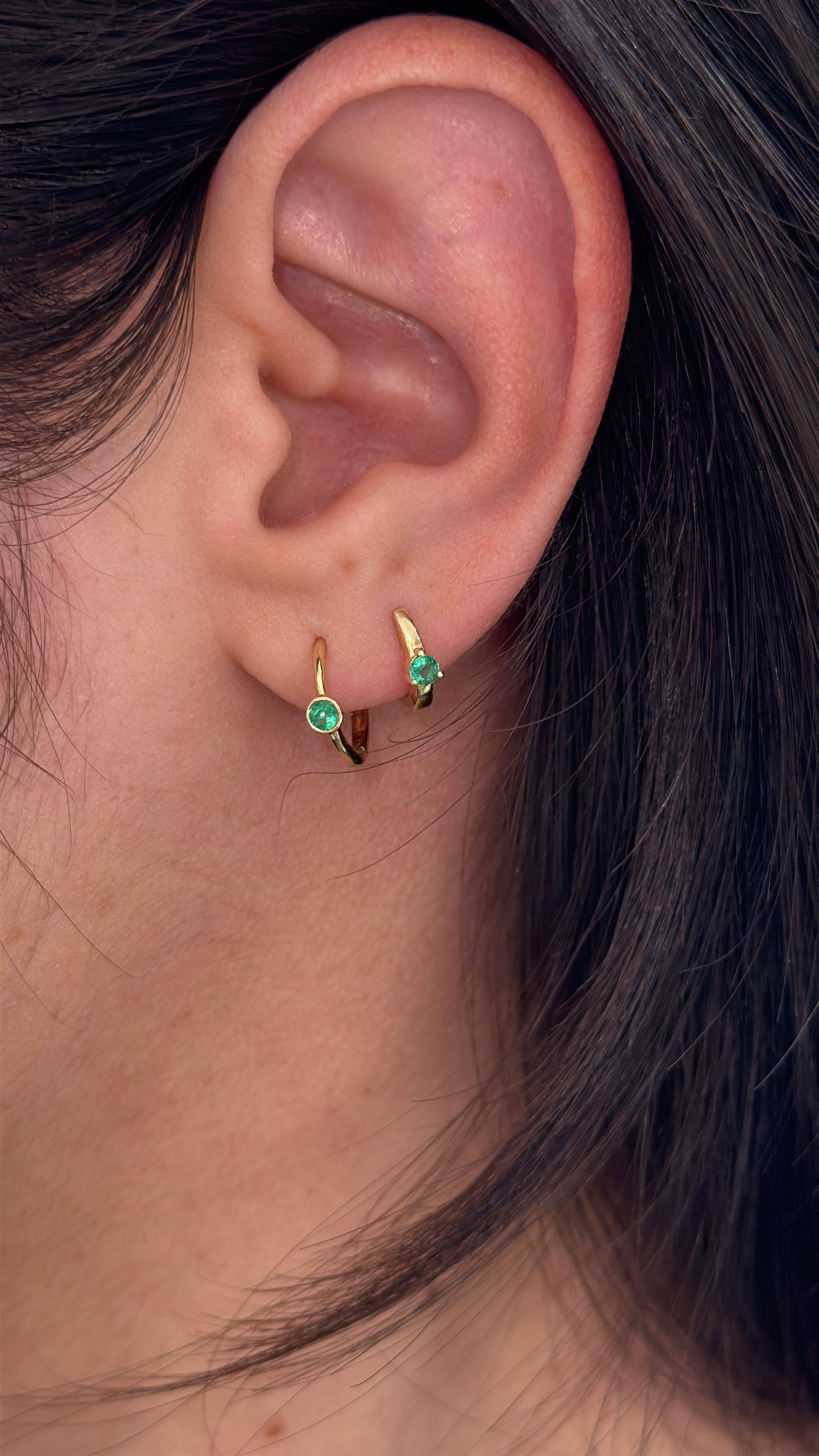 Bezel Set Emerald Huggie Earrings 14K