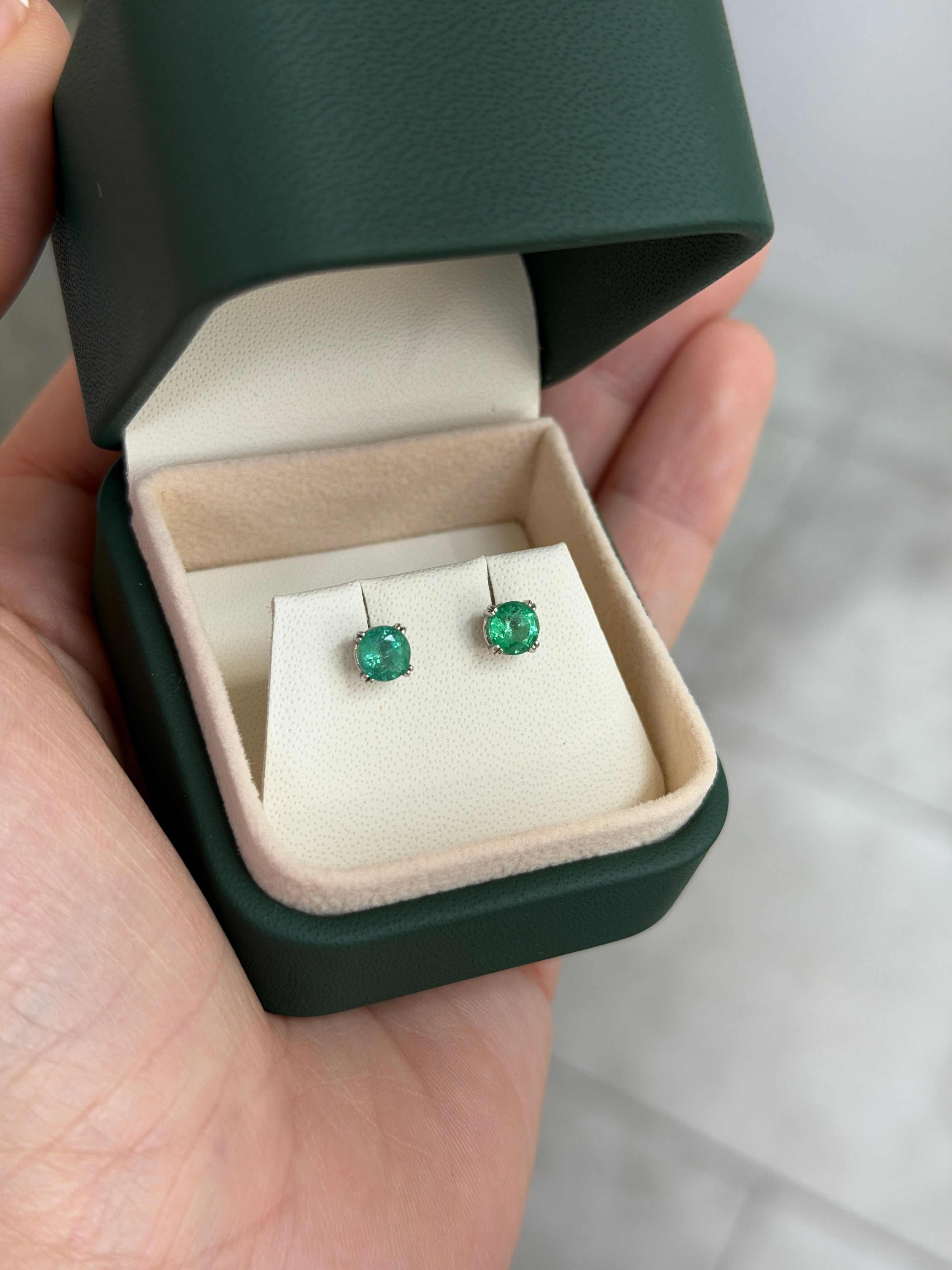 1.09tcw 5mm Double Prong Round Emerald Studs 14K White Gold