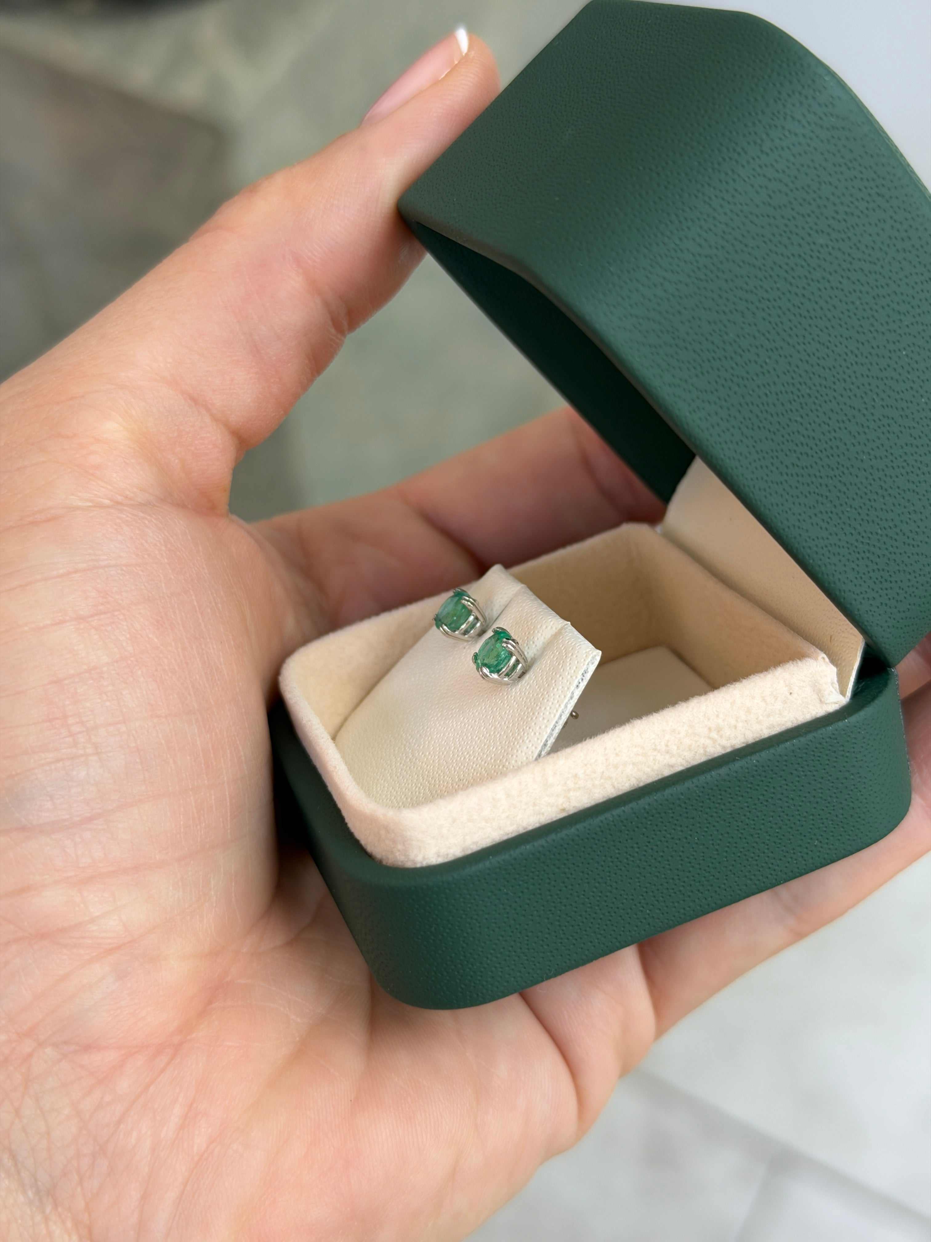 1.09tcw 5mm Double Prong Round Emerald Studs 14K White Gold