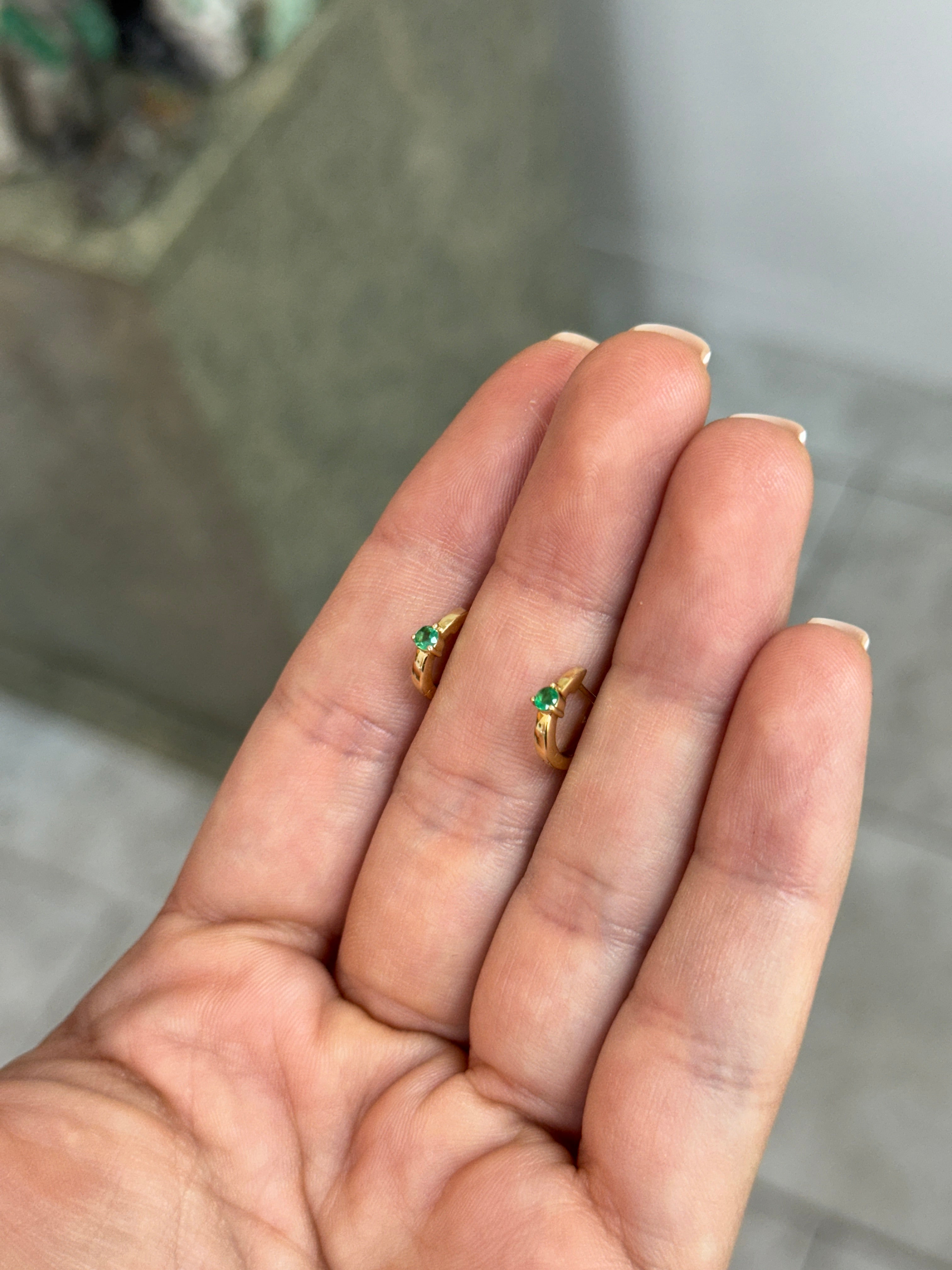 Emerald Huggie Earring- Three Prong 14K Gold