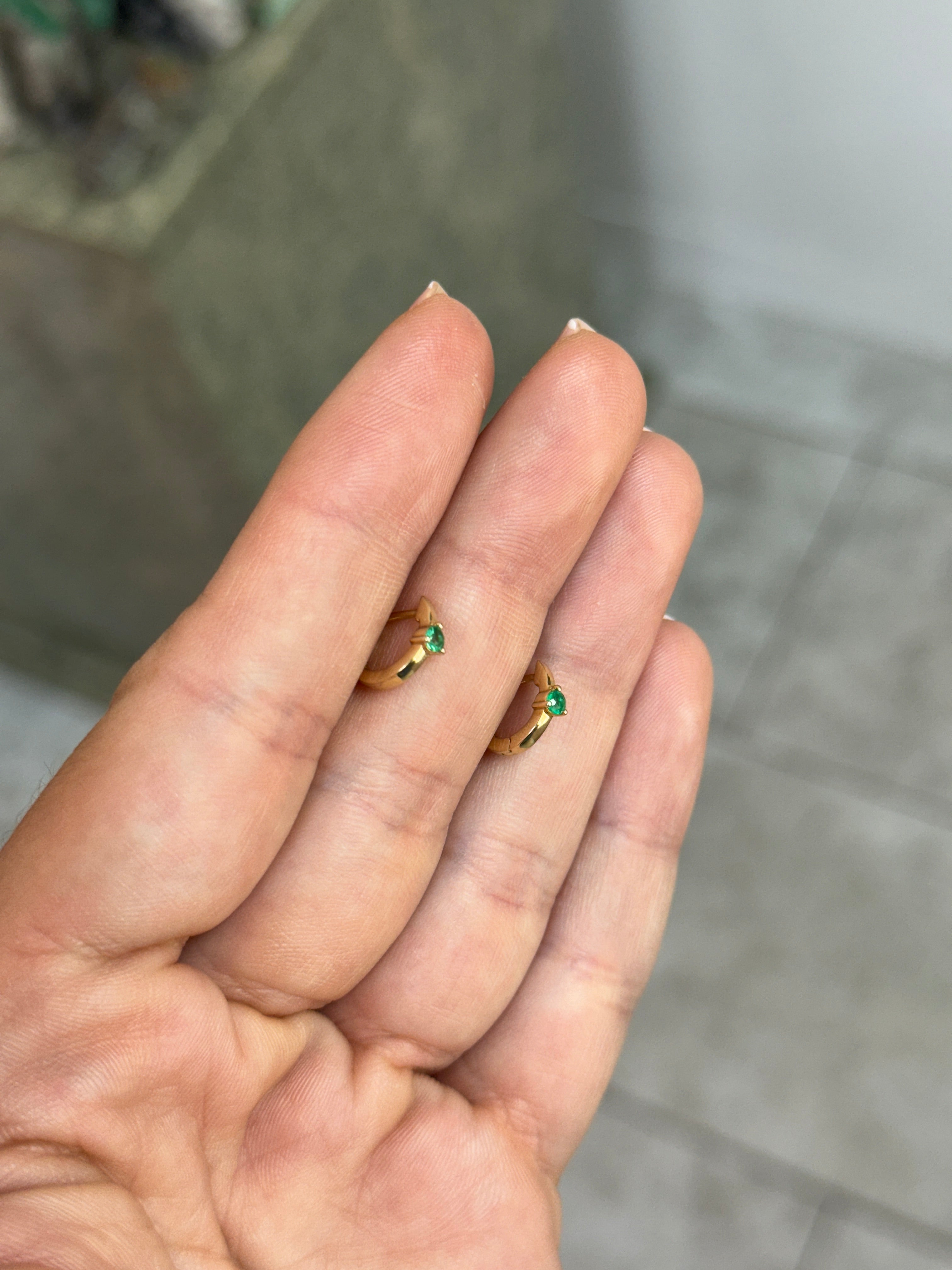 Emerald Huggie Earring- Three Prong 14K Gold