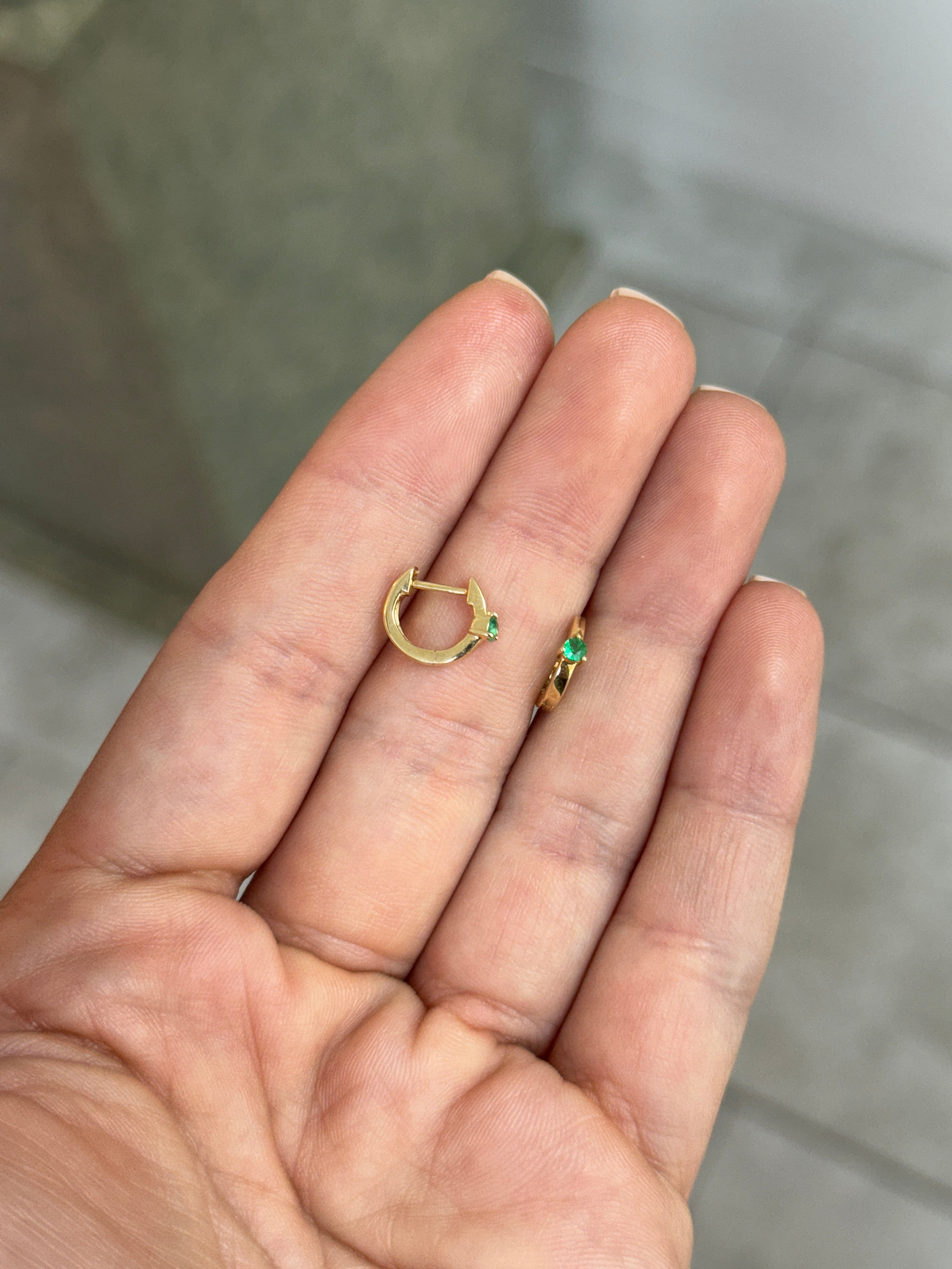 Emerald Huggie Earring- Three Prong 14K Gold