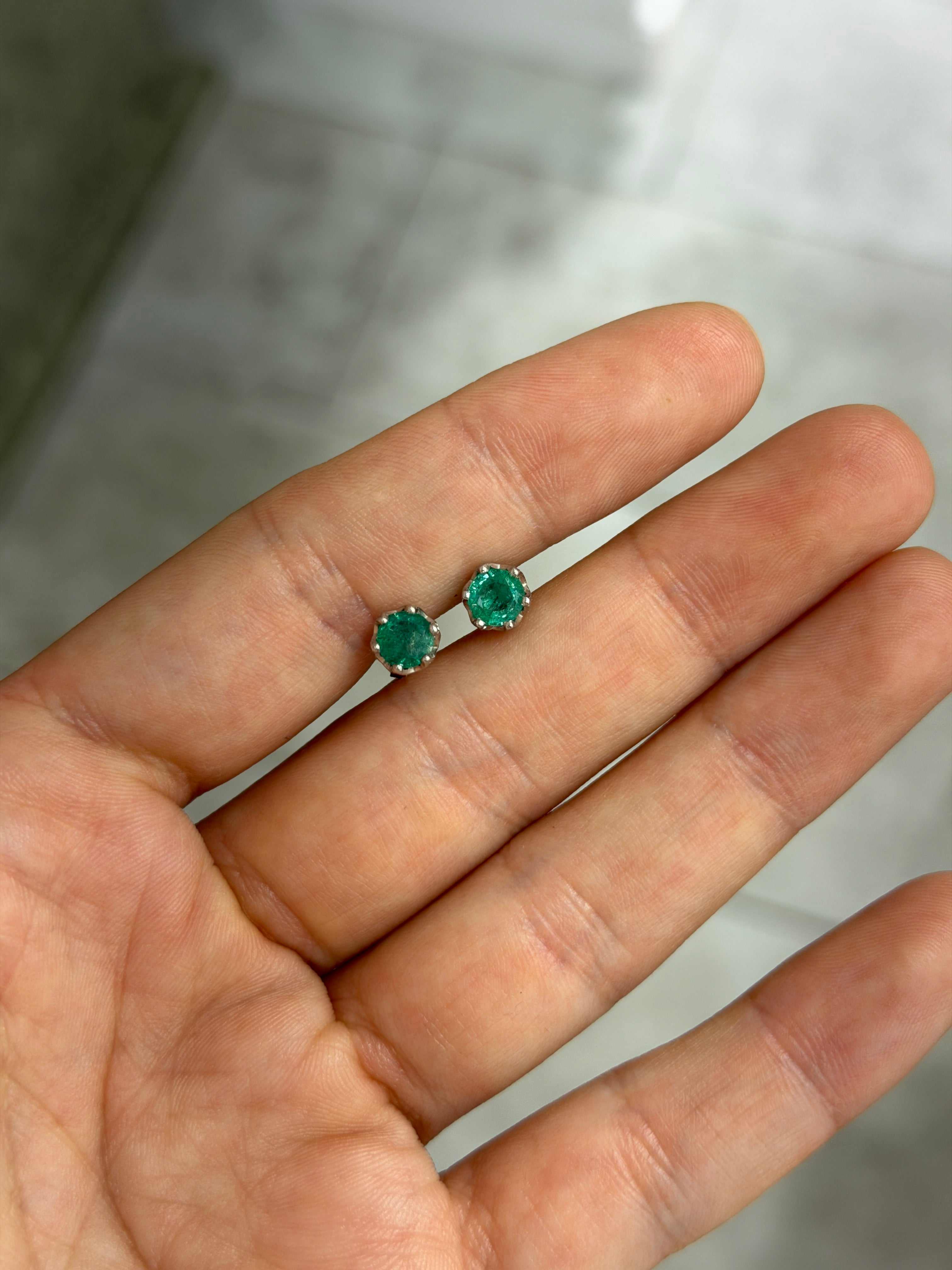 1.15tcw Six Prong Round Emerald White Gold Studs 14K