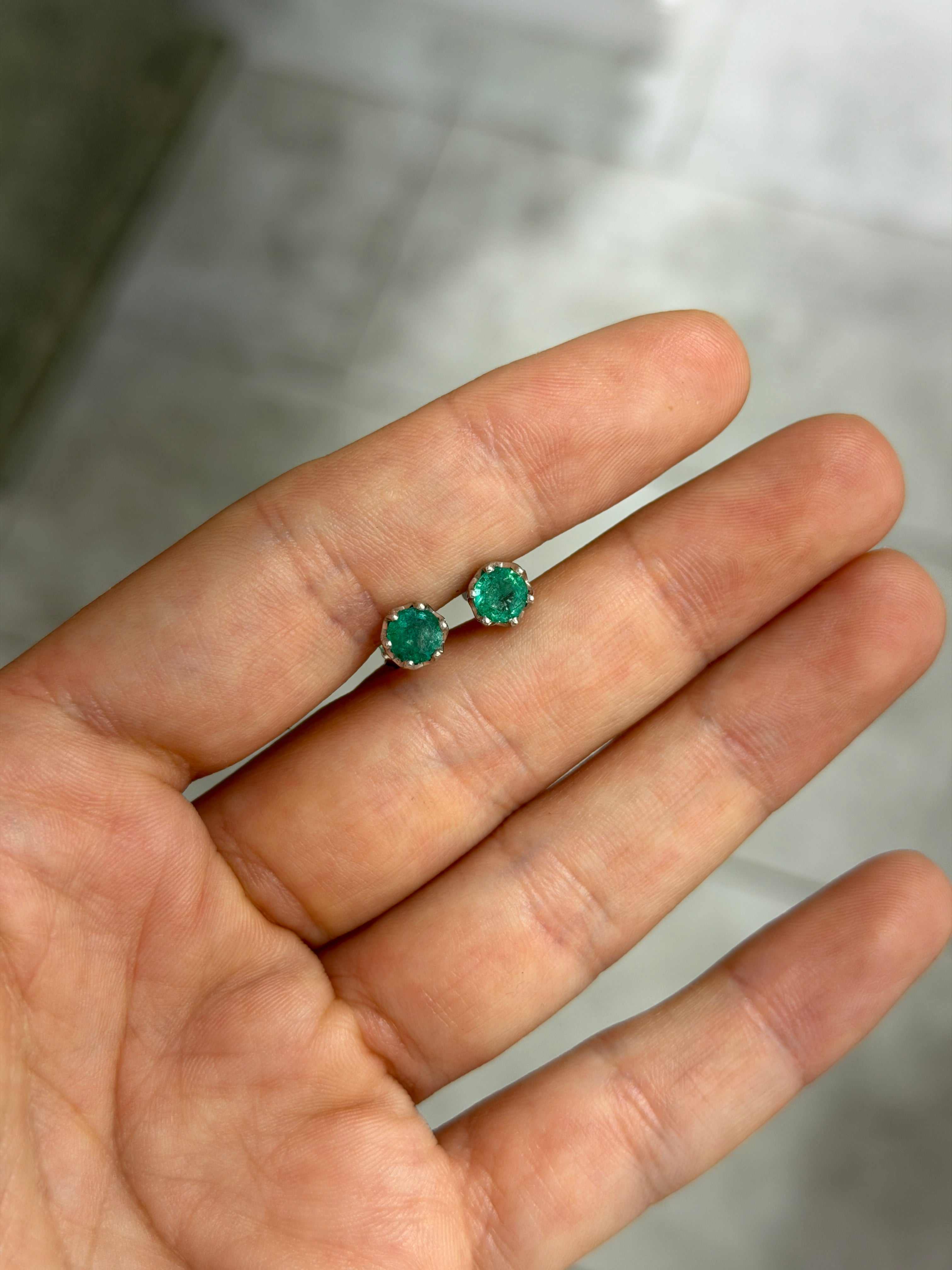 1.15tcw Six Prong Round Emerald White Gold Studs 14K