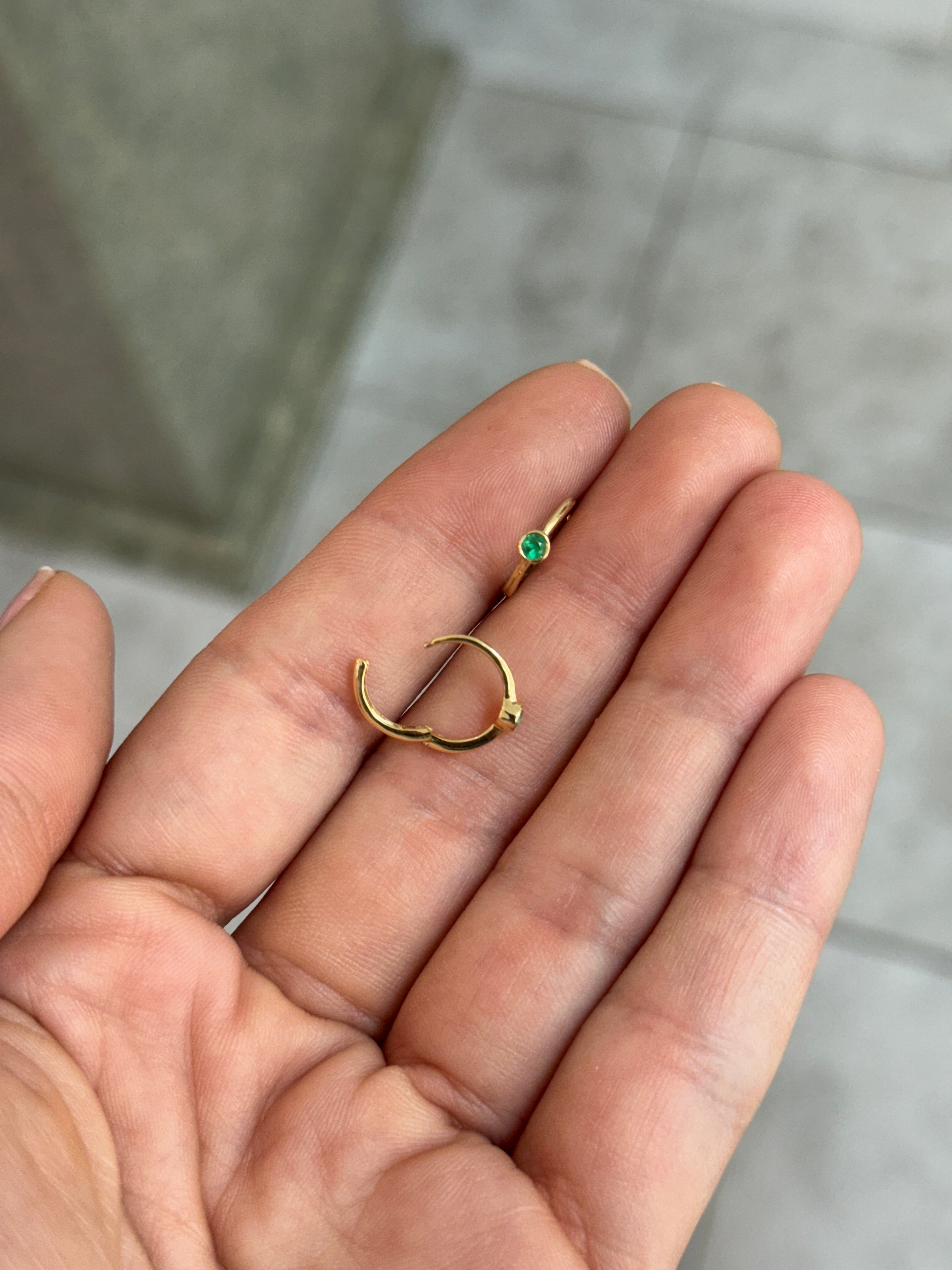 Bezel Set Emerald Huggie Earrings 14K