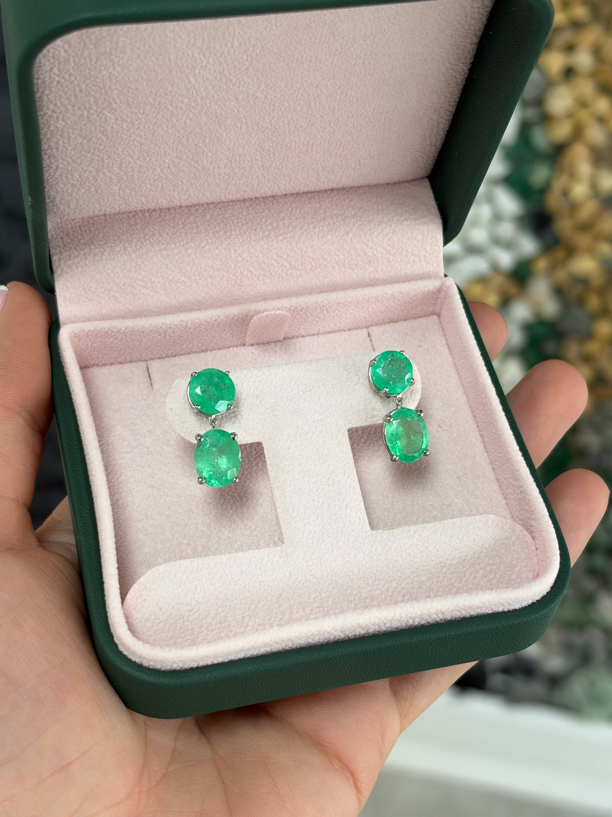 10.0tcw Round & Oval Cut Colombian Emerald Dangle Earrings in Platinum
