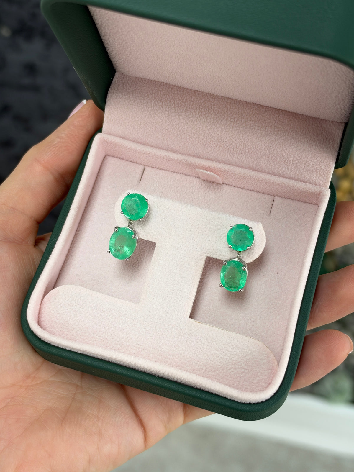 10.0tcw Round & Oval Cut Colombian Emerald Dangle Earrings in Platinum