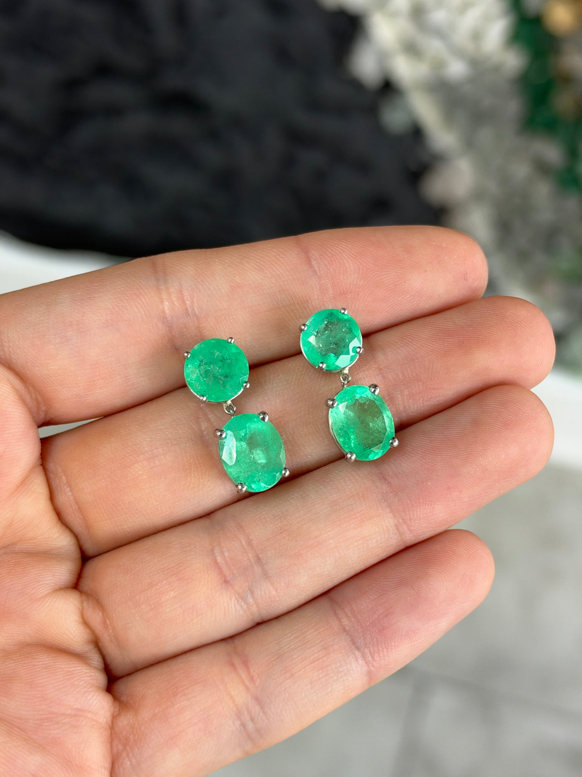 10.0tcw Round & Oval Cut Colombian Emerald Dangle Earrings in Platinum
