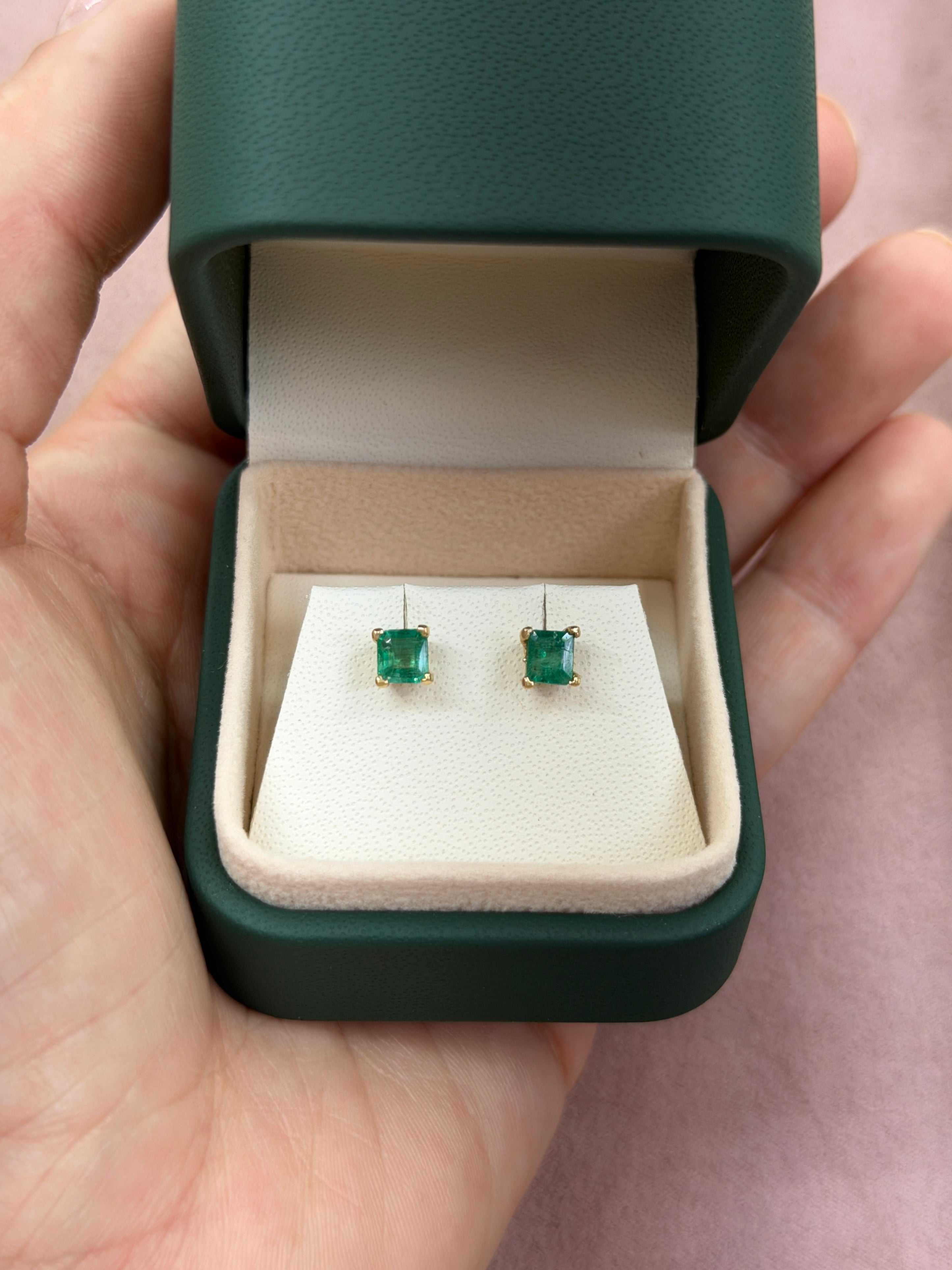 1.05tcw Princess Cut Emerald Studs 14K Gold